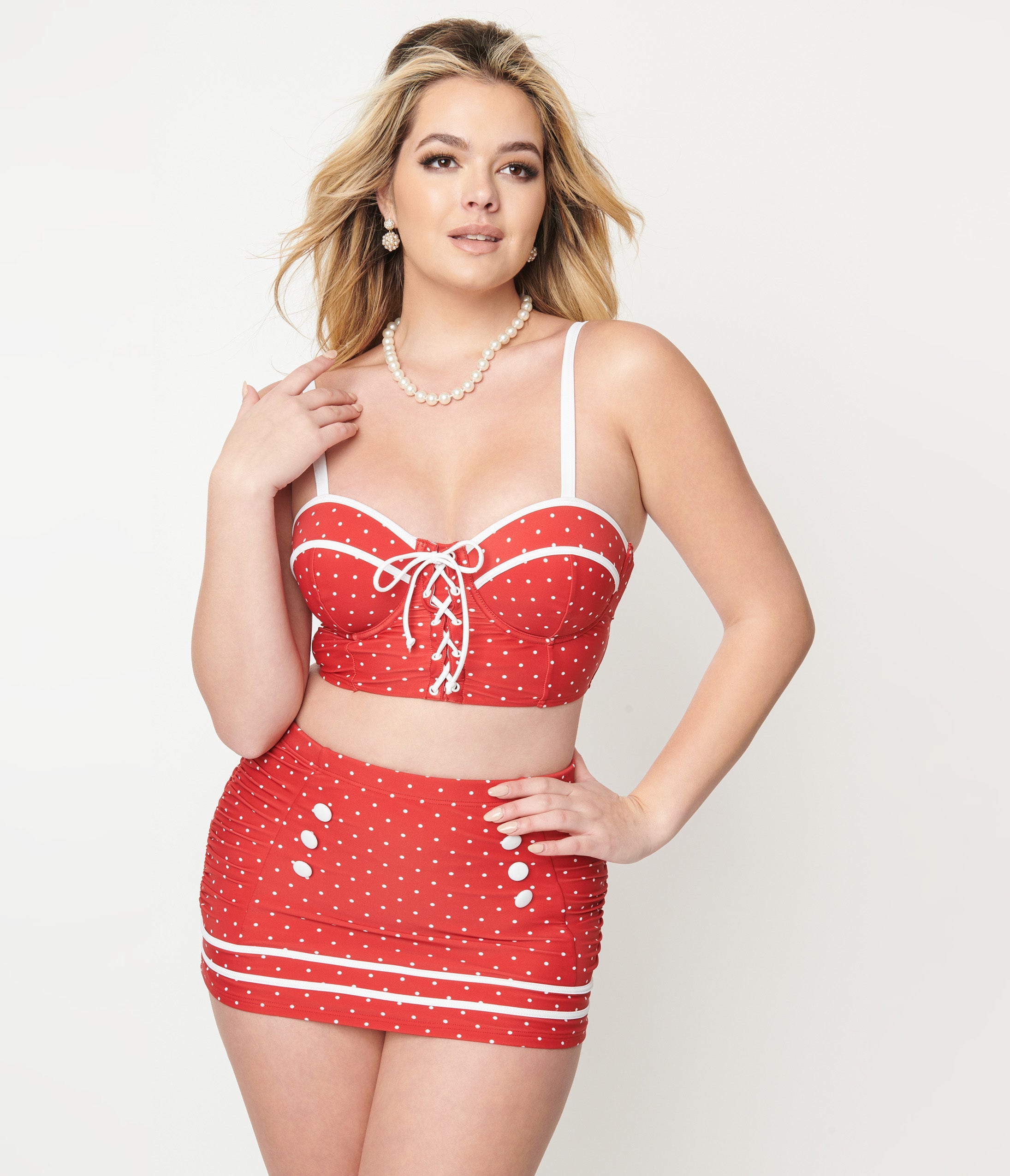 Unique Vintage Red & White Pin Dot Sailor Swim Bottom