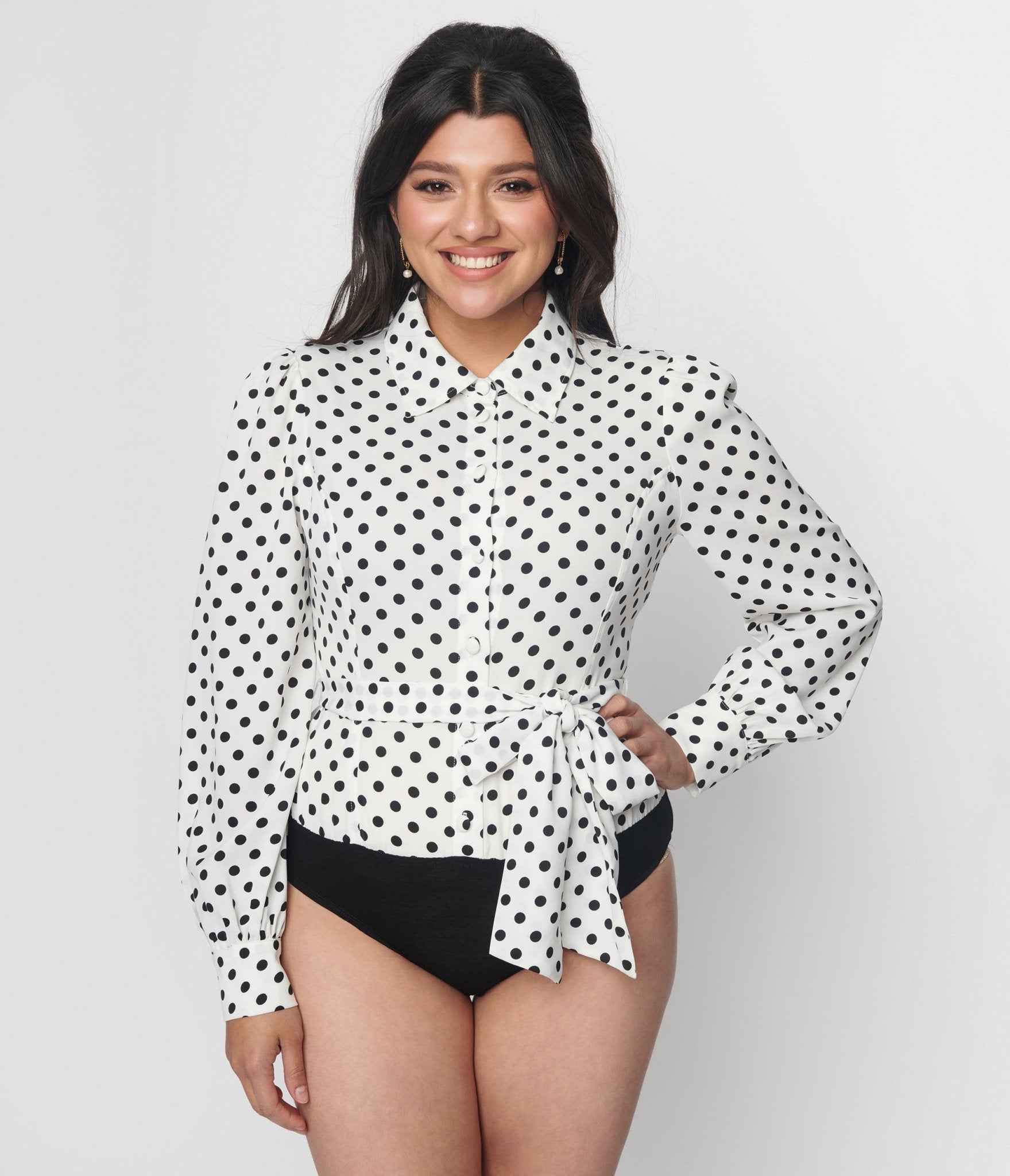 Unique Vintage White & Black Polka Sashed Bodysuit