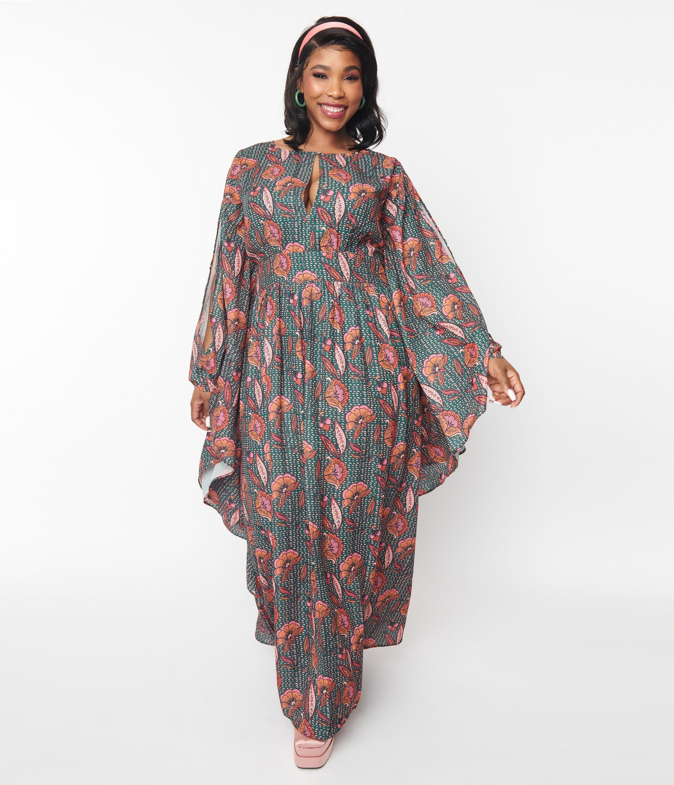 Unique Vintage Bali Floral Print Flutter Sleeve Caftan