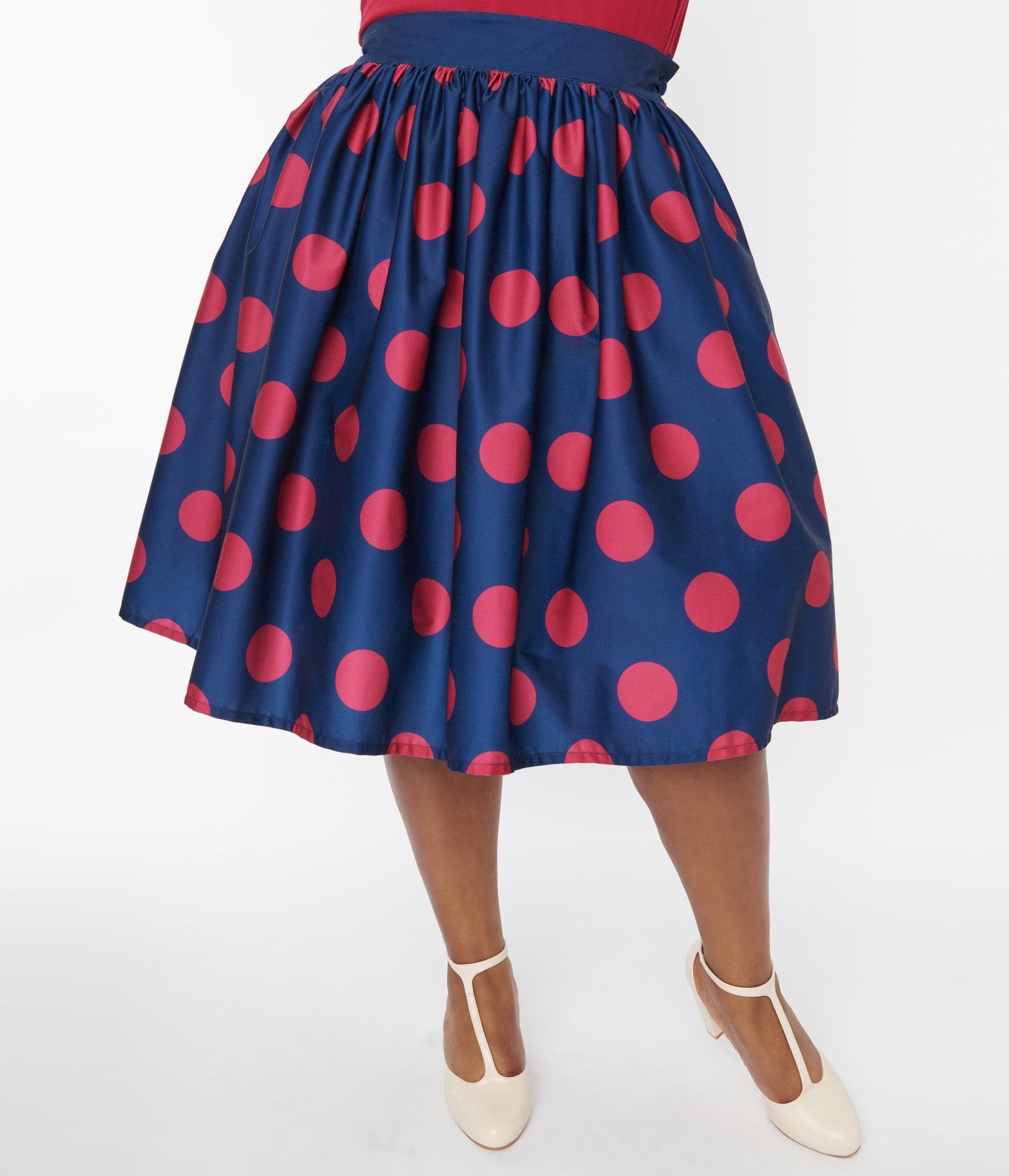 Unique Vintage Navy & Berry Polka Dot Gellar Swing Skirt