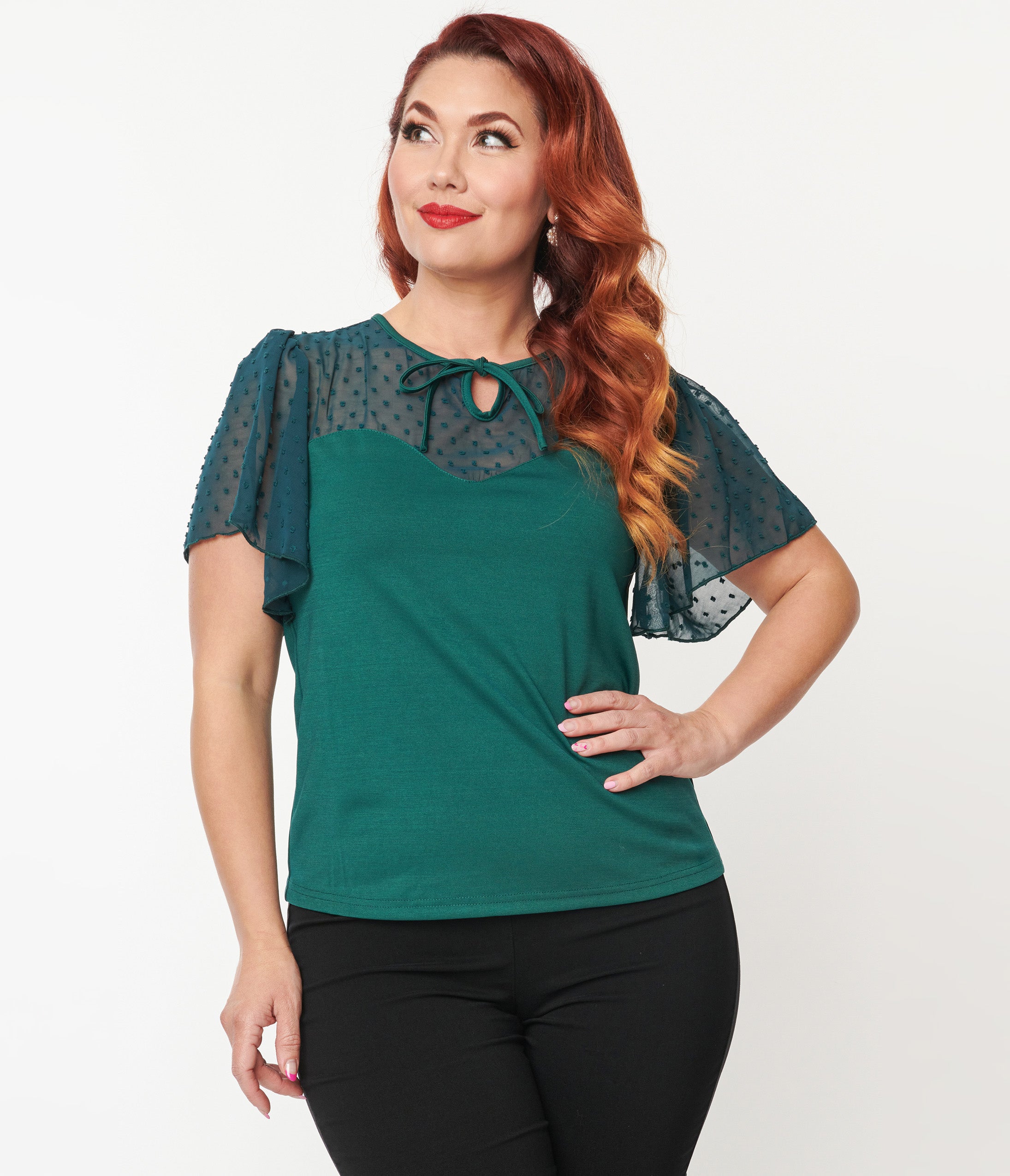 Unique Vintage 1950s Green Clipdot Flutter Sleeve Sweetheart Top