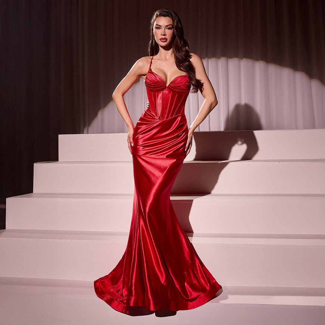 Ladivine by Cinderella Divine Red Glitter Satin Prom Dress