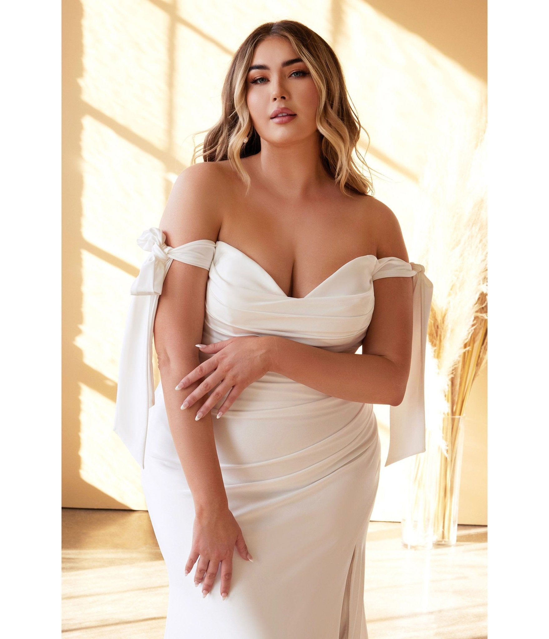 Ladivine by Cinderella Divine Plus Size White Off The Shoulder Trumpet Bridal Gown