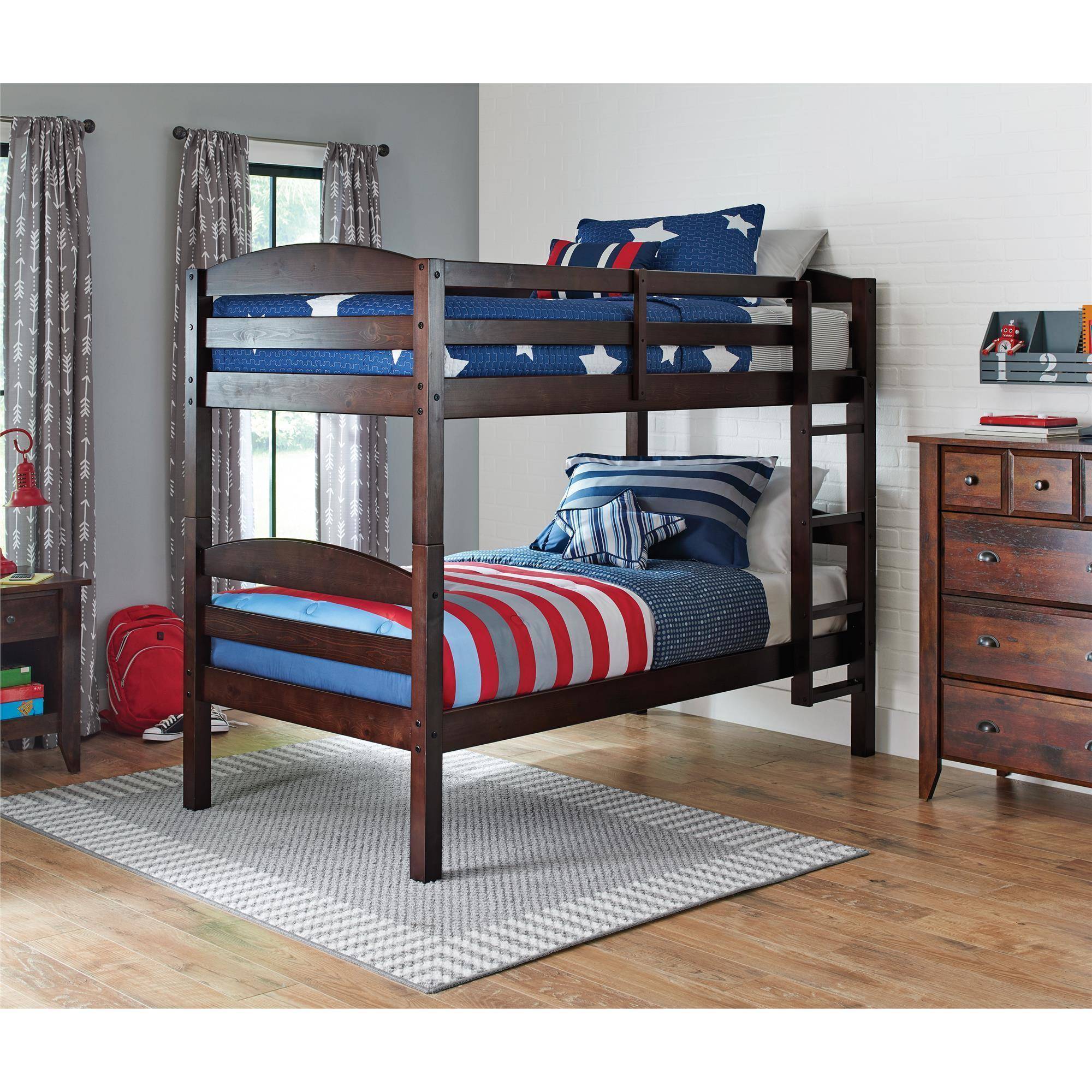 Better Homes and Gardens WM3921E Leighton Twin Over Twin Wood Bunk Bed, Multiple Finishes, Walnut