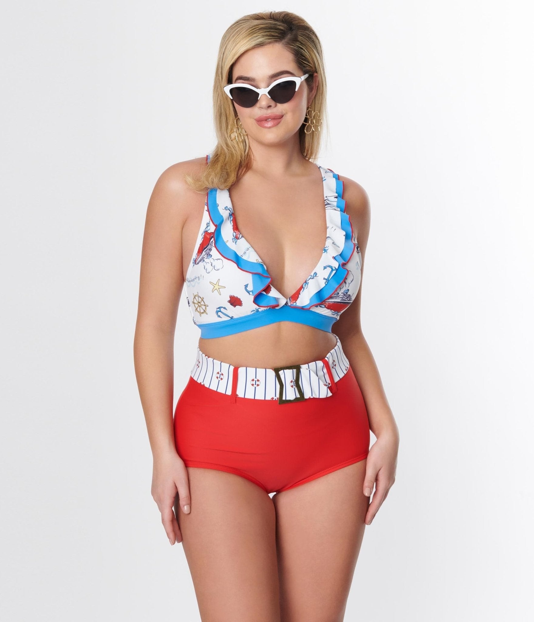 Unique Vintage White & Blue Nautical Print Ruffle Swim Top