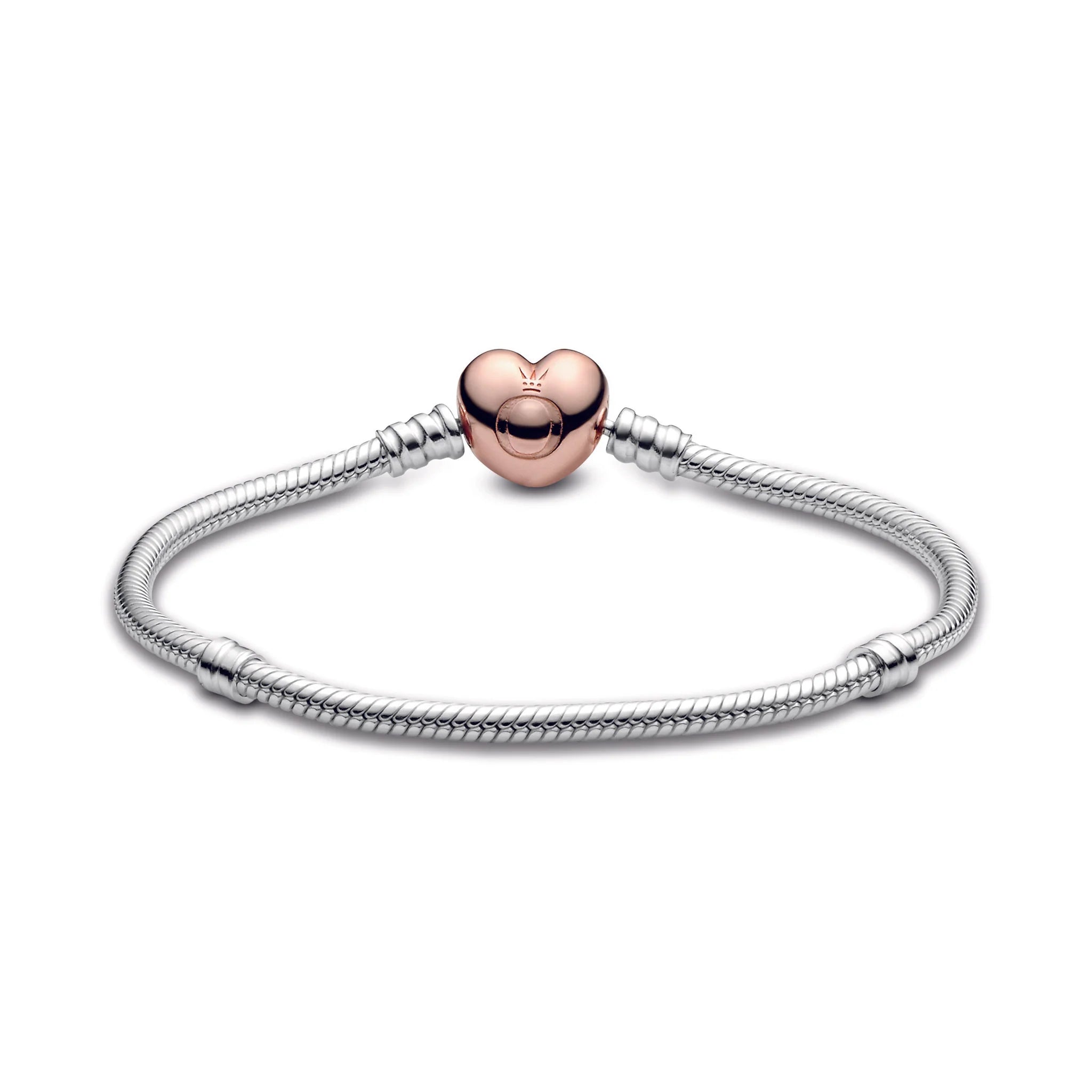 Pandora Moments Women's Sterling Silver Snake Chain Charm Bracelet with Rose Gold Heart Clasp