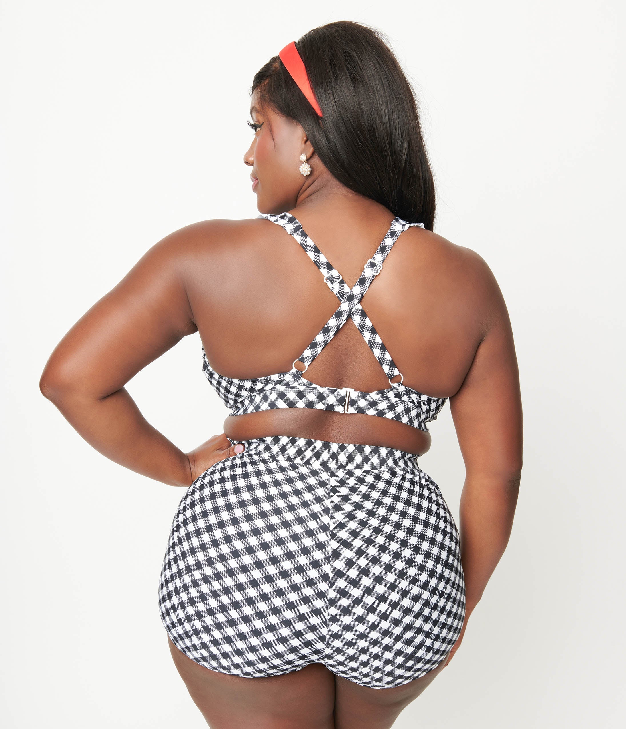 Unique Vintage Plus Size Black & White Gingham High Waist Skort Swim Bottom