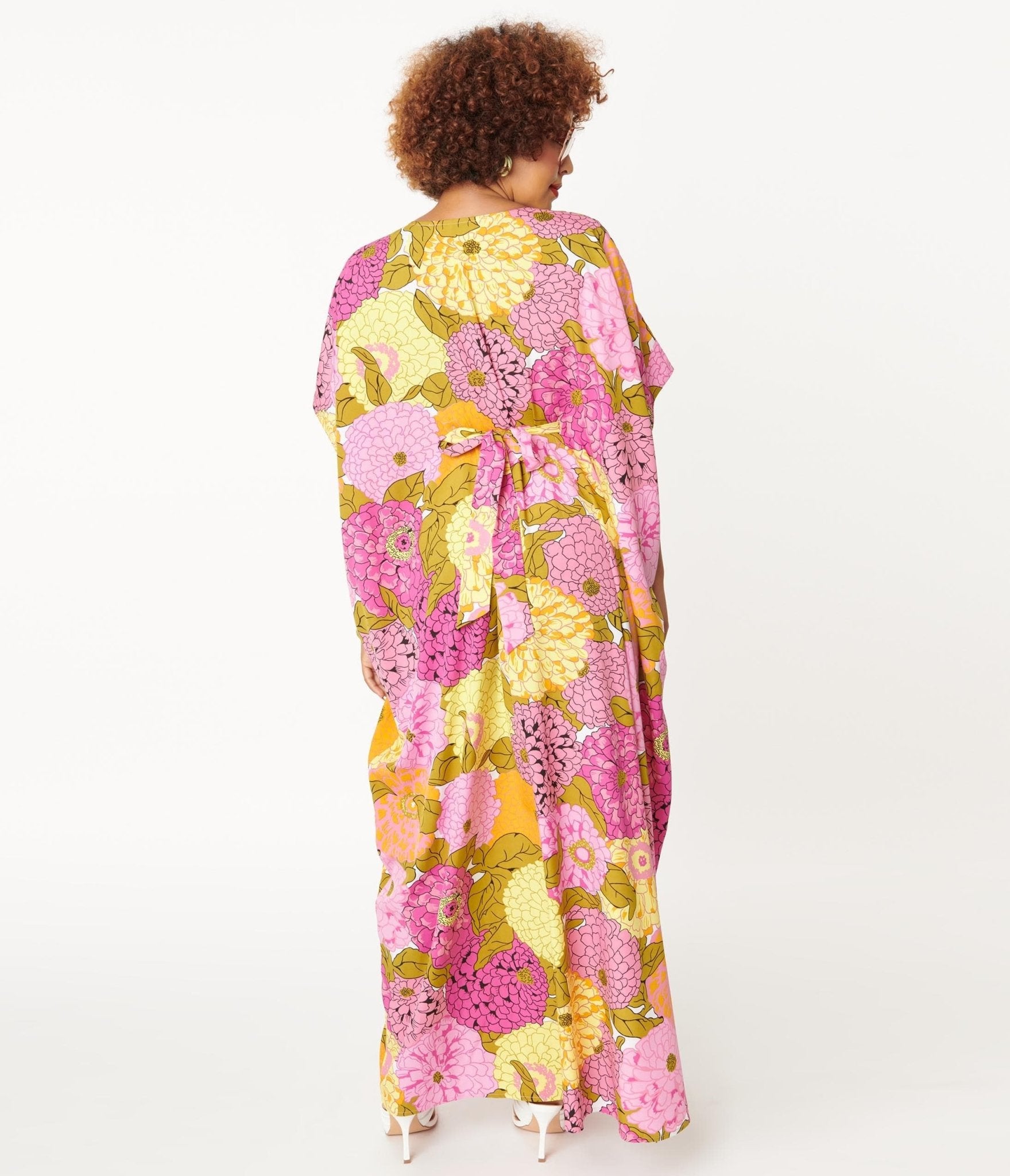 Unique Vintage 1970s Pink & Yellow Floral Print Burton Caftan Dress