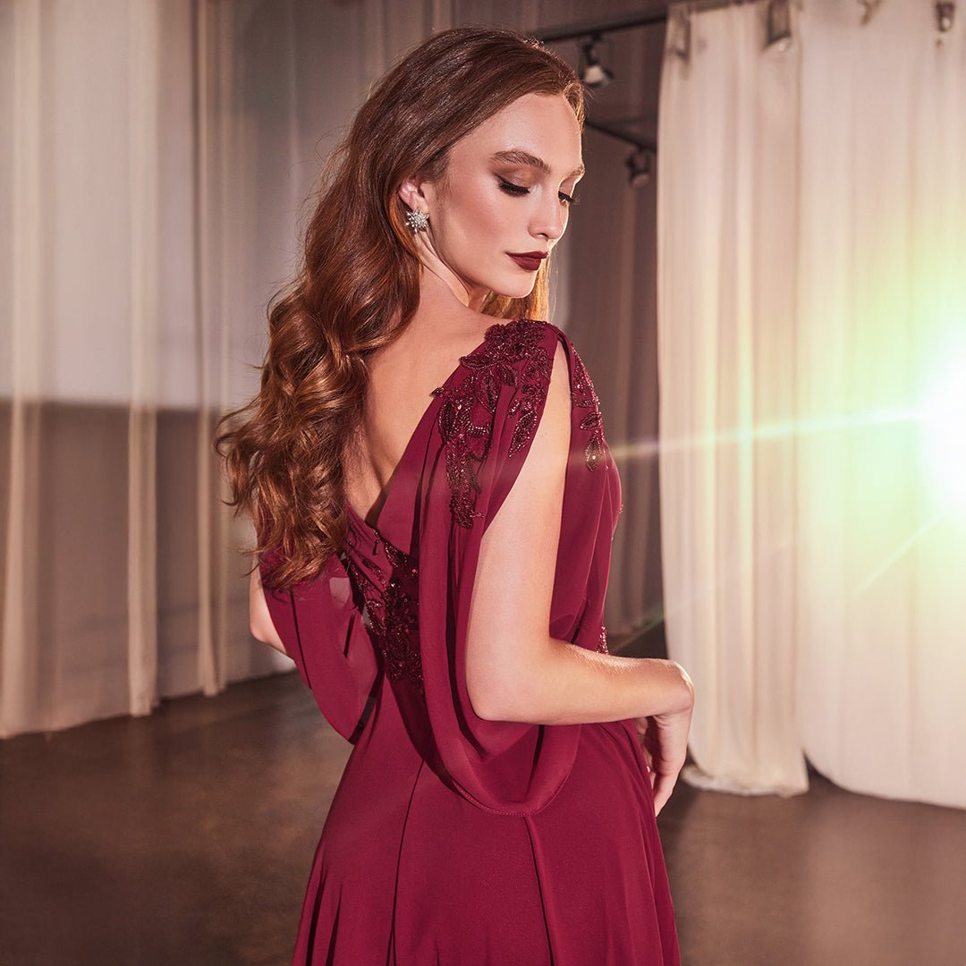 Ladivine by Cinderella Divine Burgundy Chiffon Split Sleeve Prom Gown