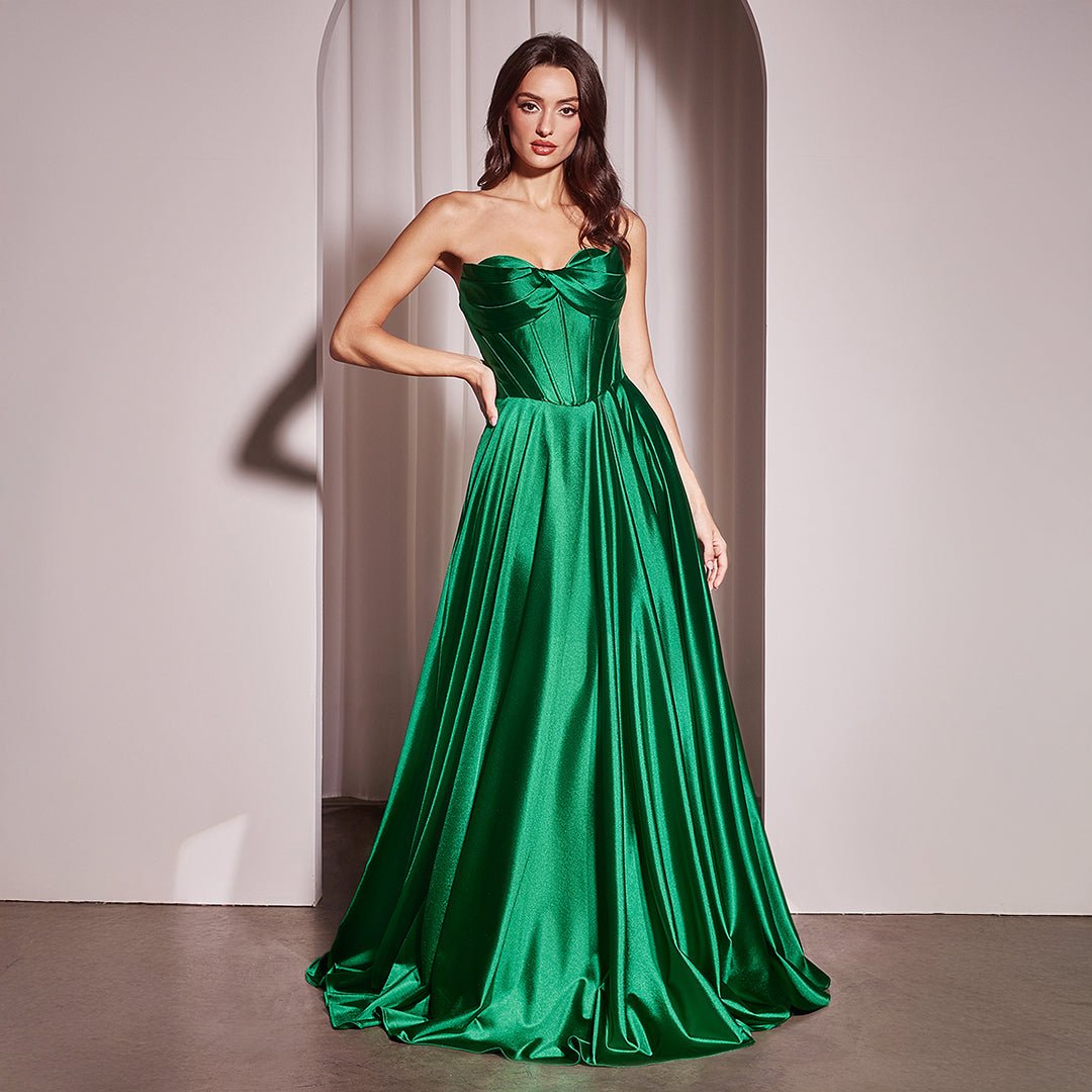 Ladivine by Cinderella Divine Emerald Satin Strapless A-Line Slit Prom Dress