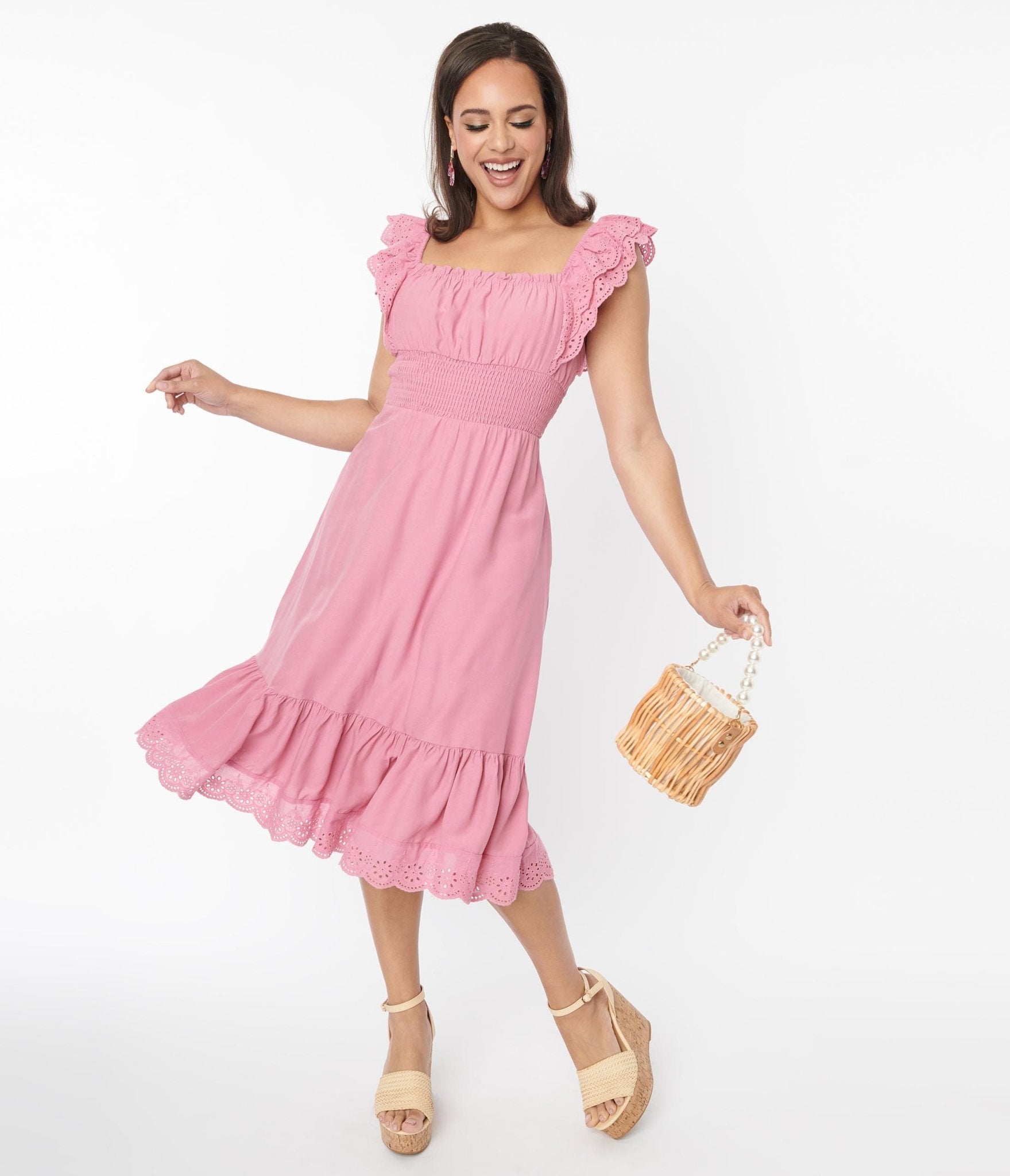 Dusty Rose Eyelet Ruffle Trim Midi Dress