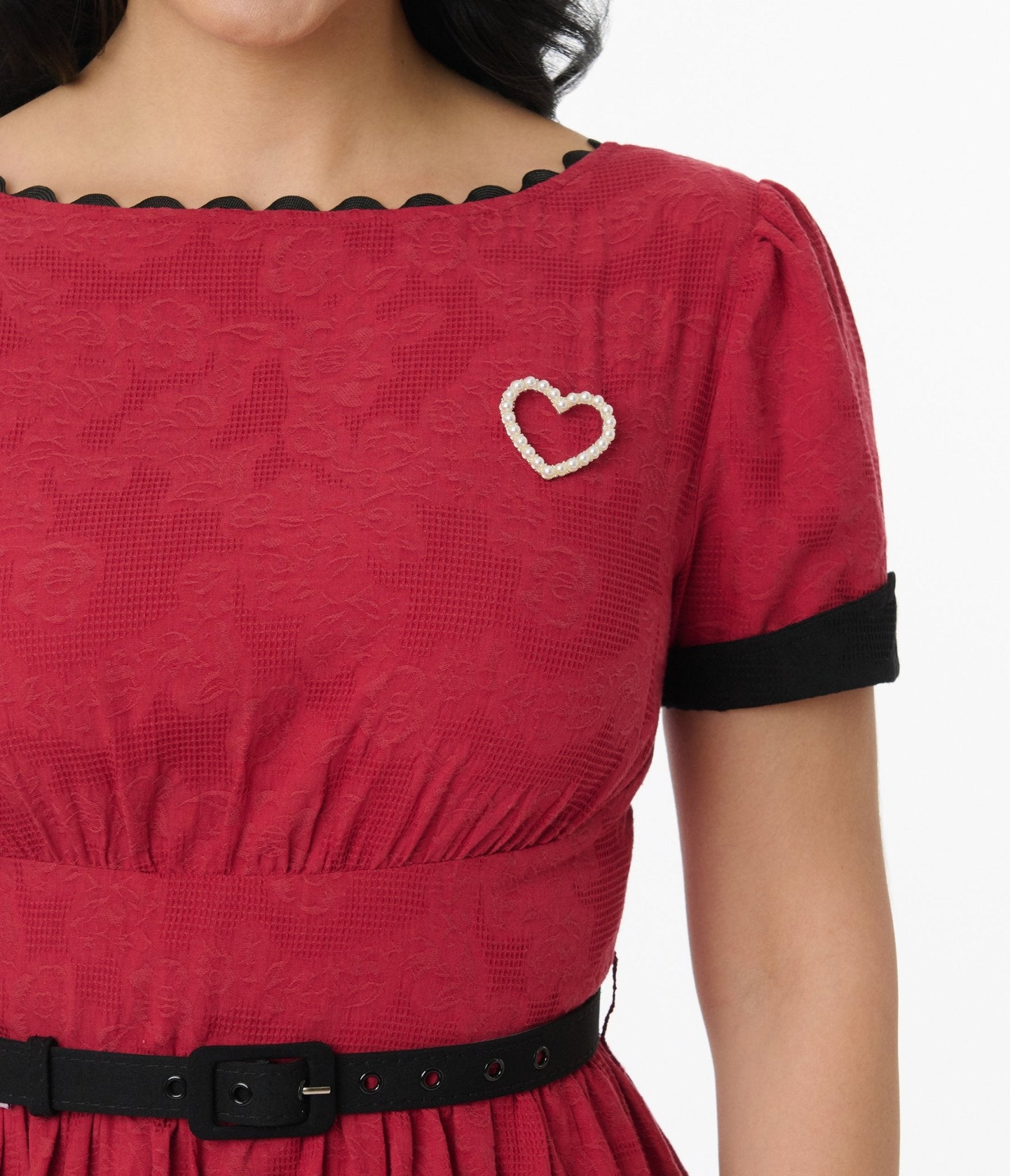 Unique Vintage 1950s Red & Faux Pearl Heart Pin Cotton Swing Dress