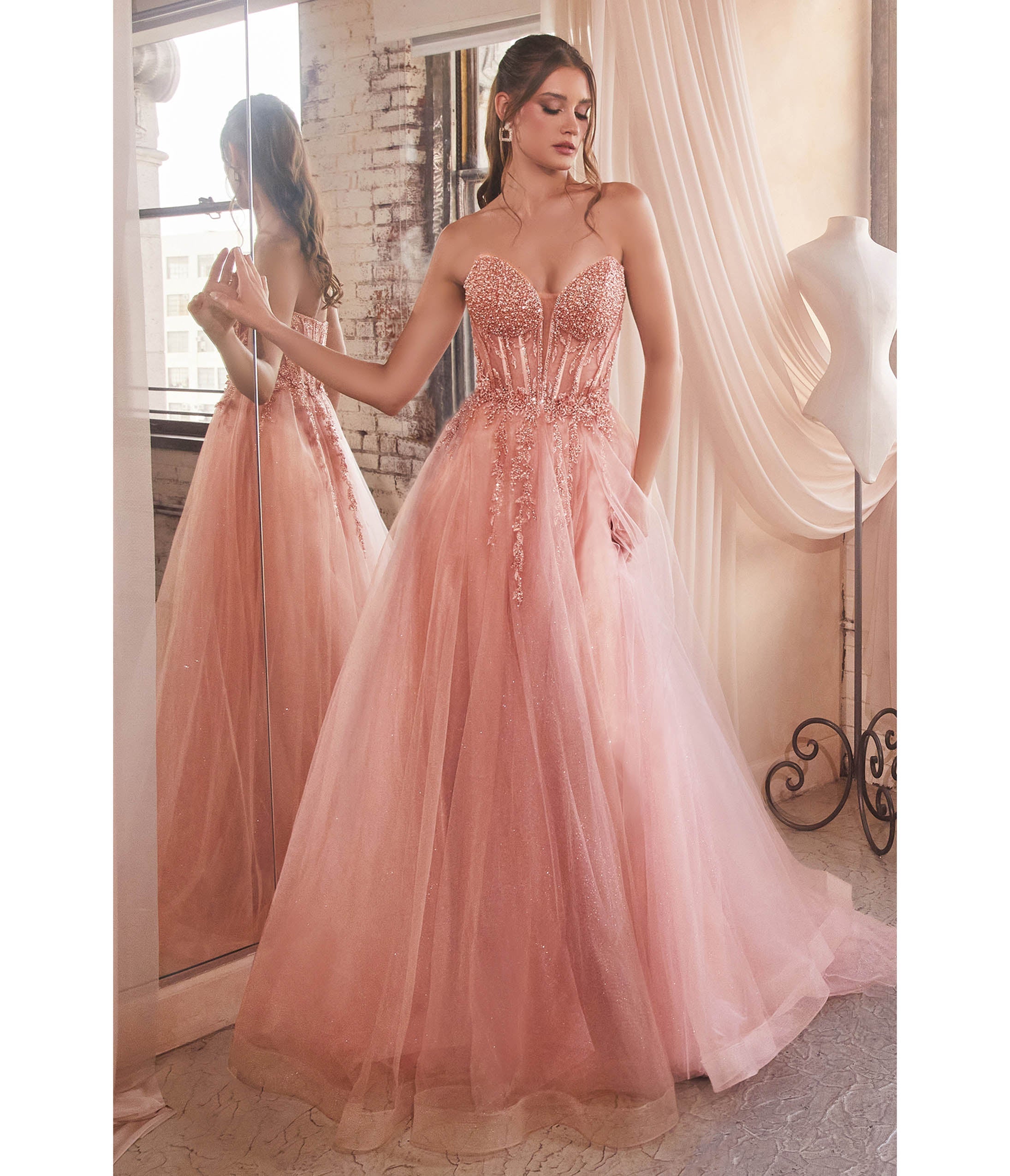 Ladivine by Cinderella Divine Rose Gold Sparkle Corset Top Prom Gown