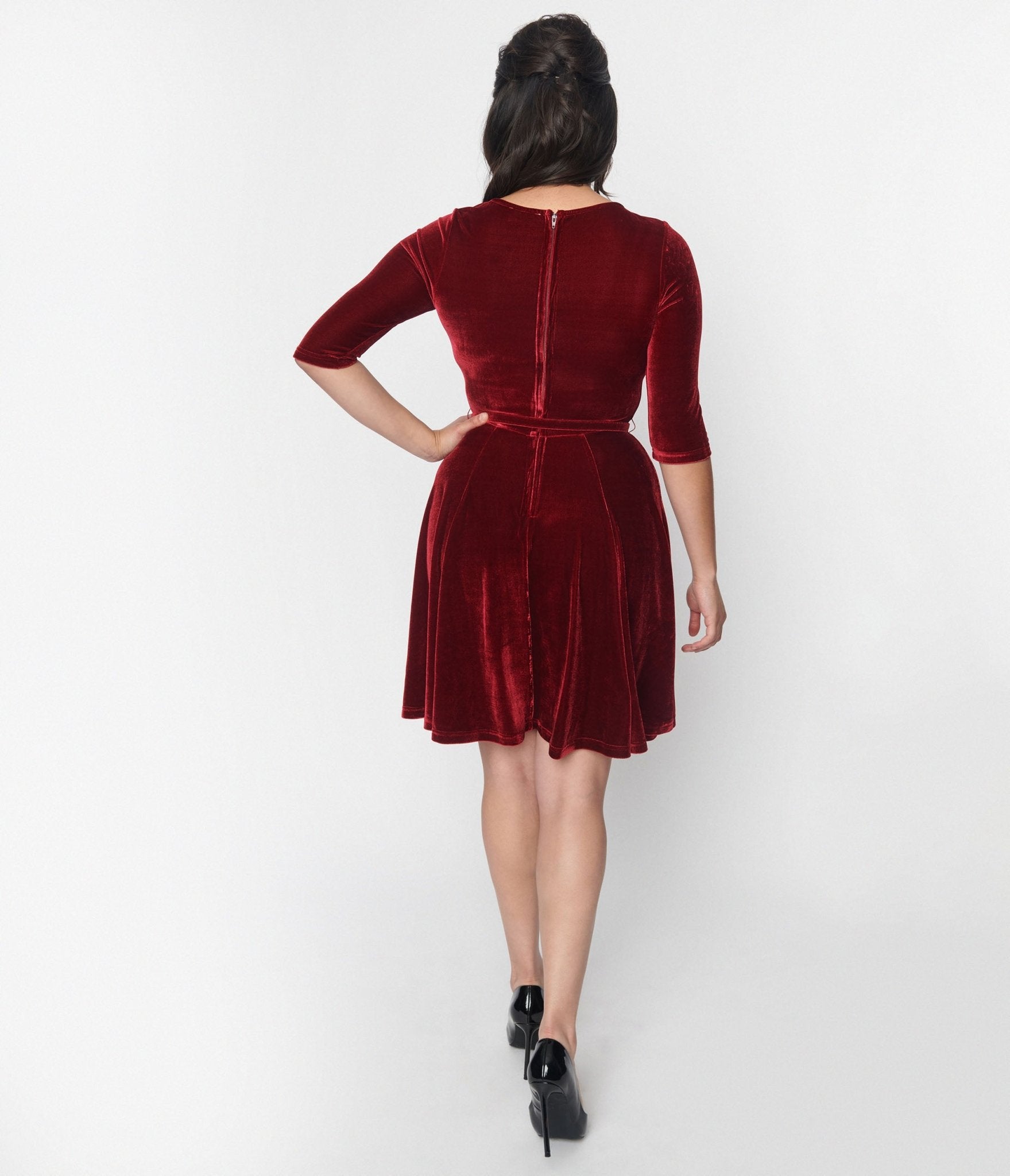 Unique Vintage Burgundy Velvet Stephanie Fit & Flare Dress