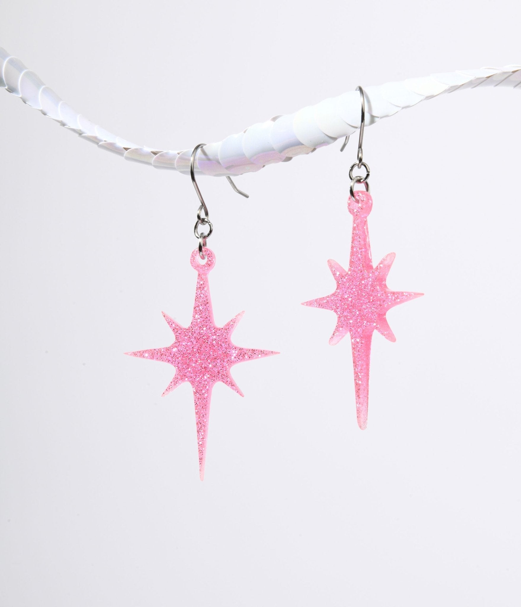 Pink Glitter Atomic Star Dangle Earrings