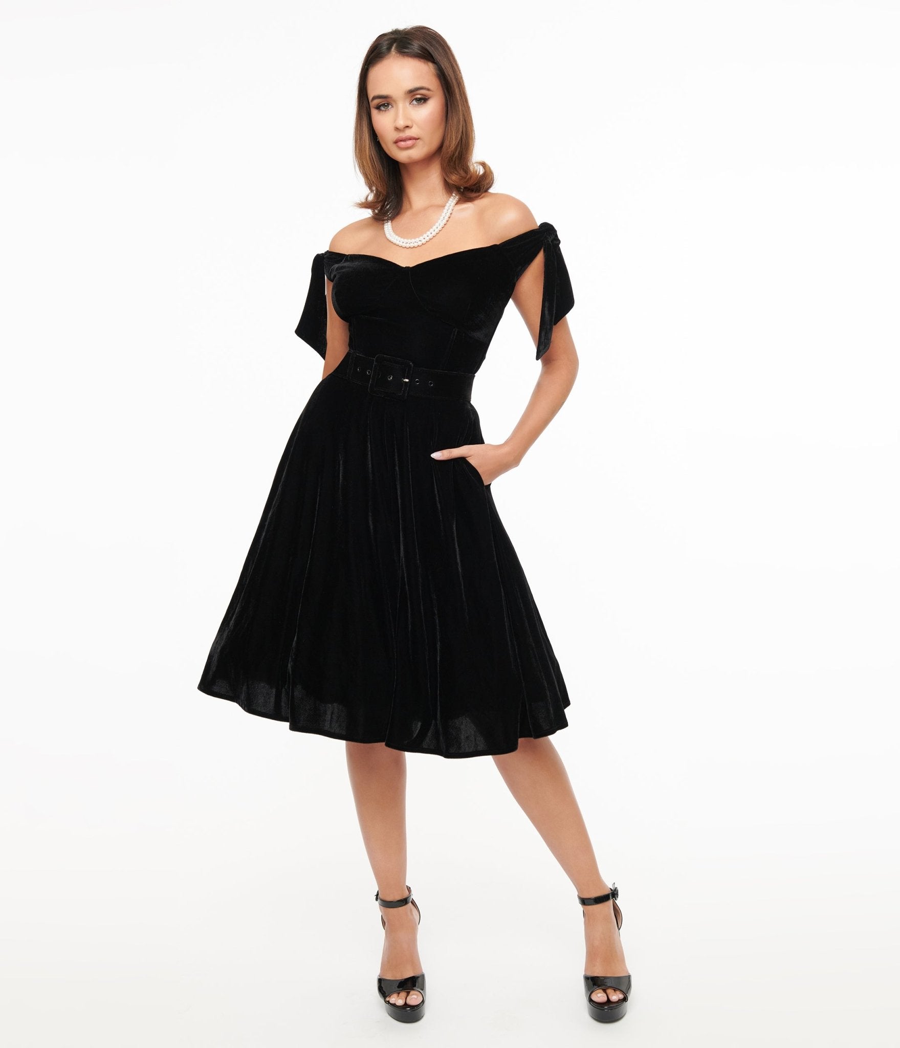 Unique Vintage 1960s Black Velvet Off The Shoulder Swing Dress