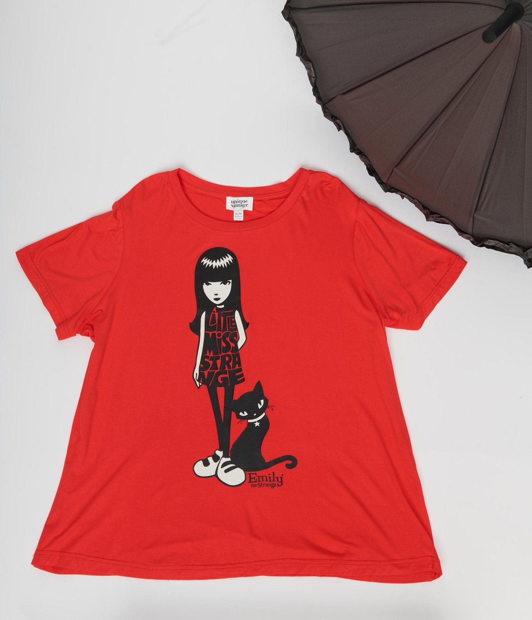 Emily The Strange x Unique Vintage Red Little Miss Strange Fitted Graphic Tee