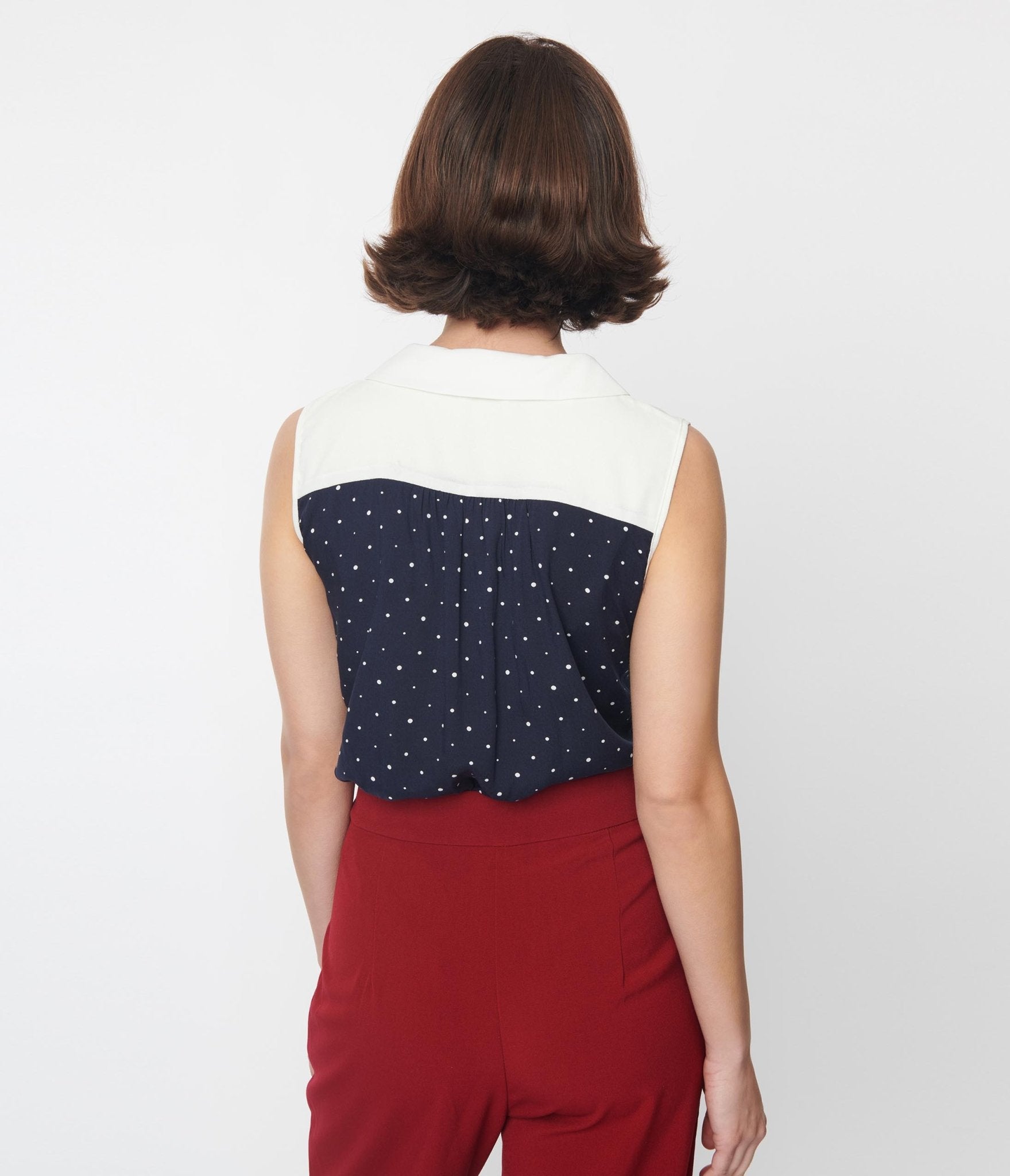 Navy & Ivory Pin Dot Bow Top