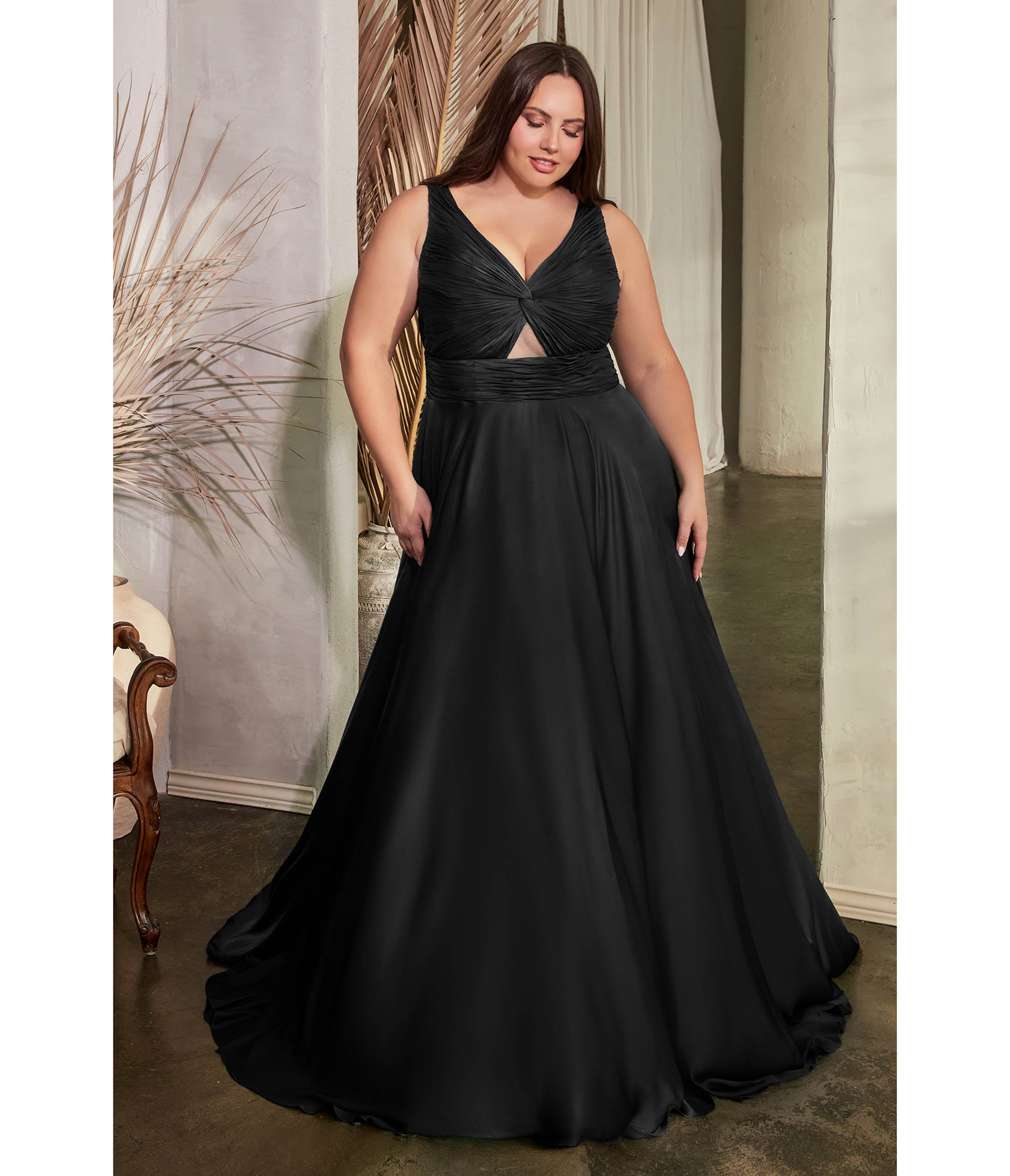 Ladivine by Cinderella Divine Plus Size Black Satin Ruched Knotted Keyhole Evening Gown