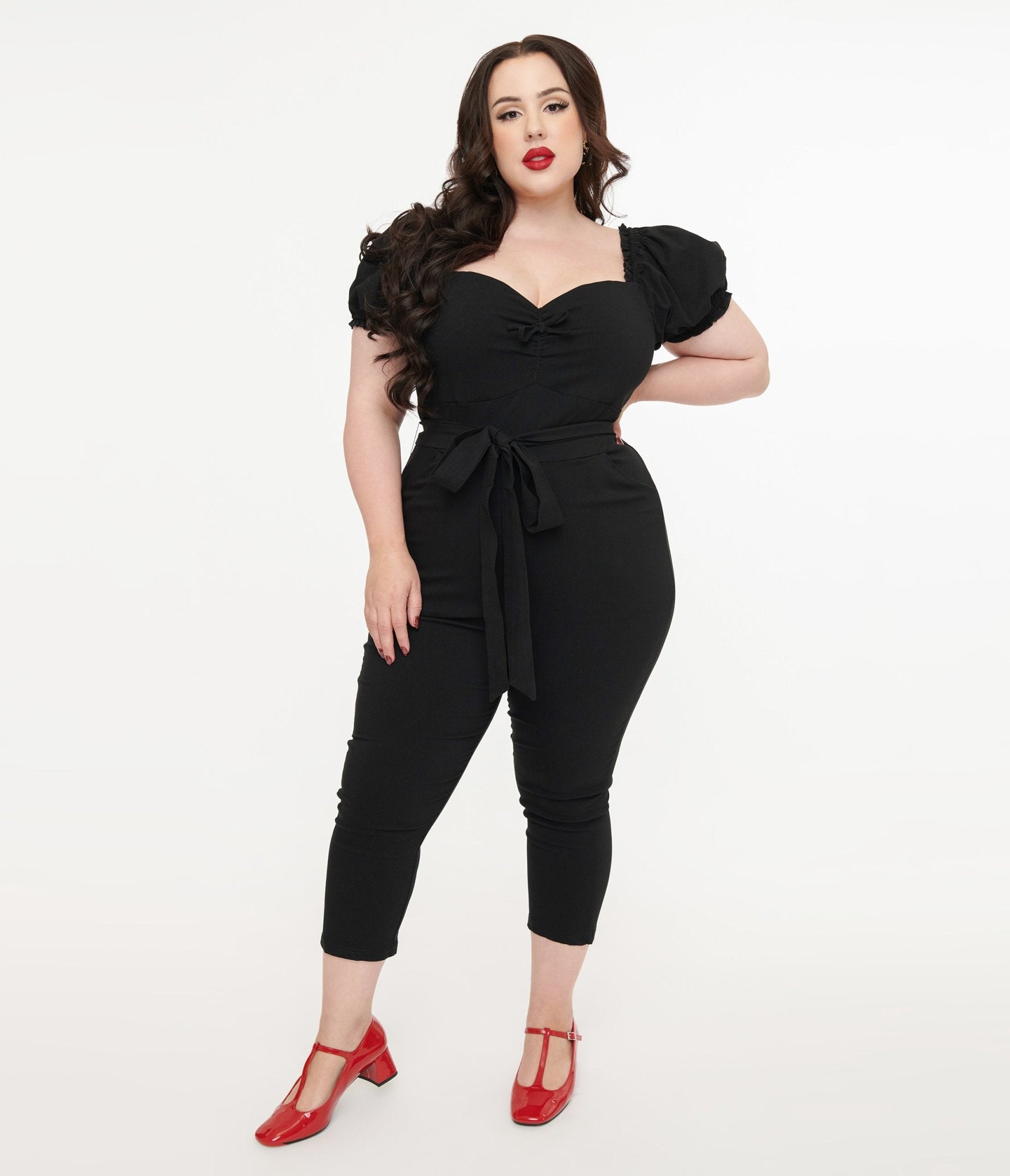 Unique Vintage Plus Size Solid Black Belted Jumpsuit