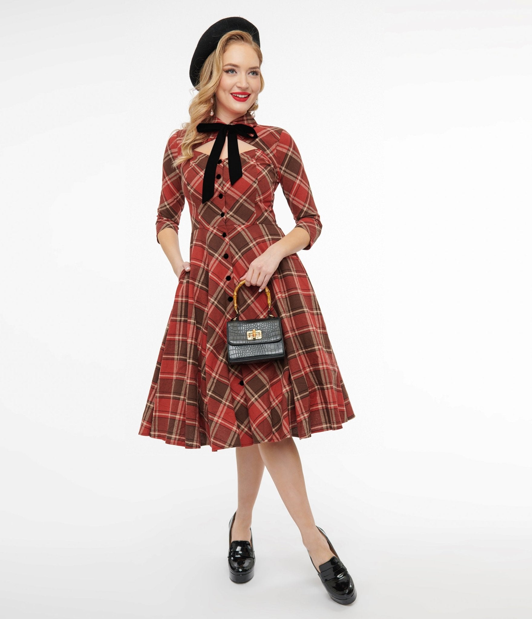 Unique Vintage 1950s Red & Brown Bias Plaid Swing Dress