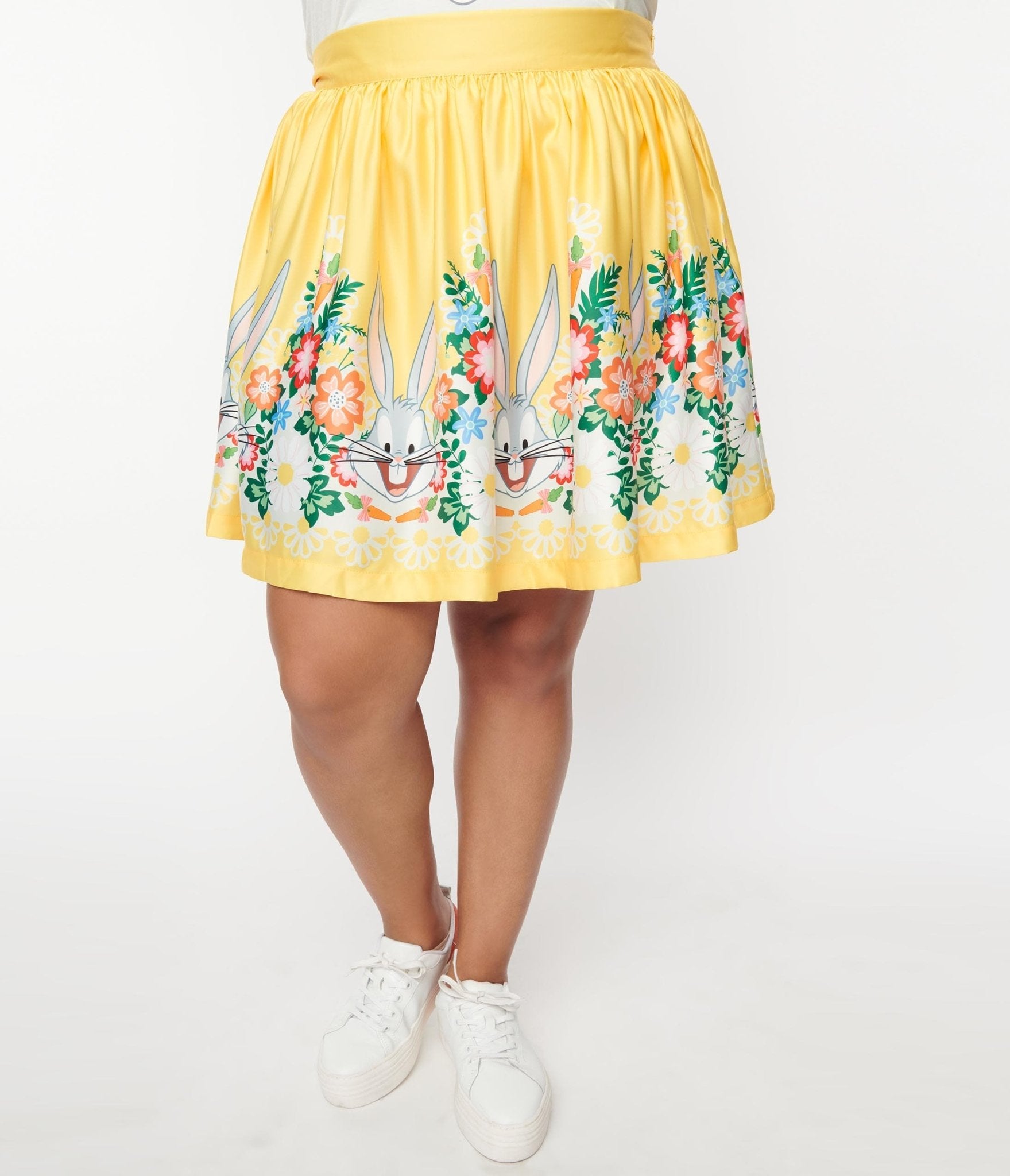 Bugs Bunny x Unique Vintage Plus Size Yellow Bugs Bunny Border Gathered Mini Skirt