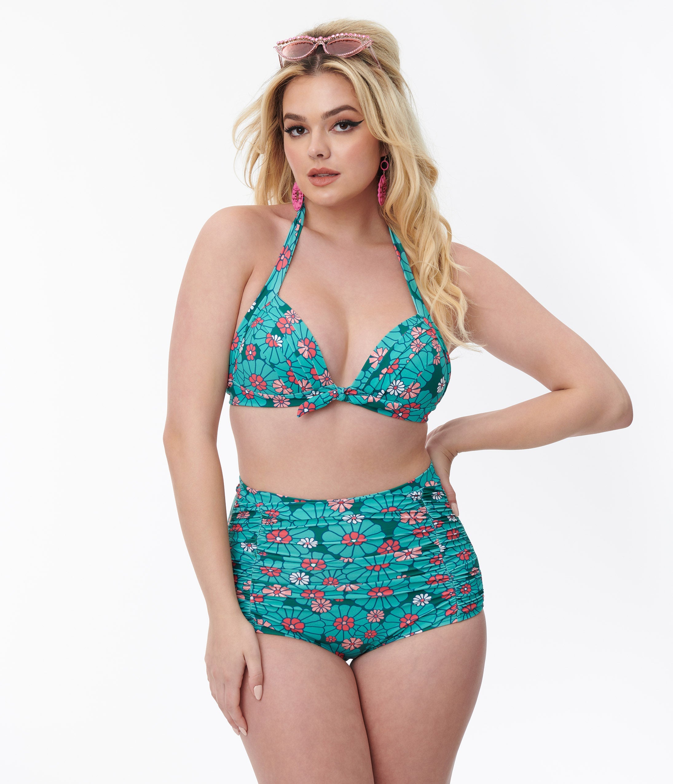 Unique Vintage Teal Flower Child Monroe Halter Swim Top