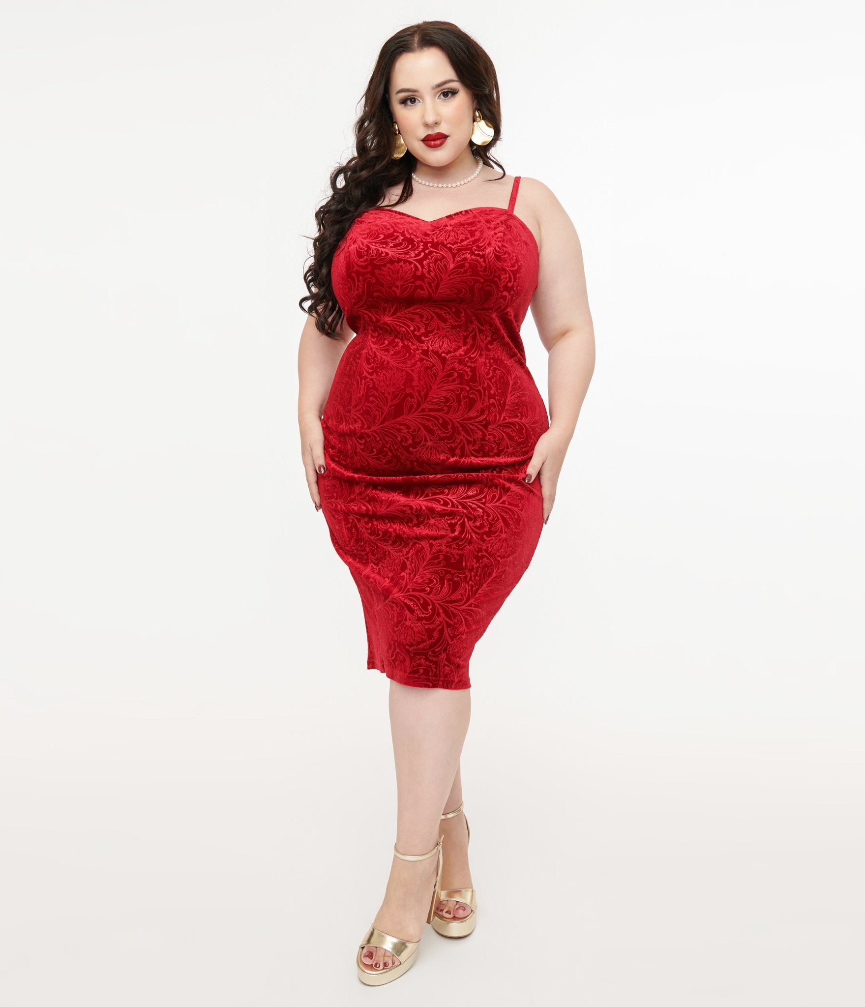 Unique Vintage Plus Size 1960s Red Velvet Ruffle Capelet Wiggle Dress