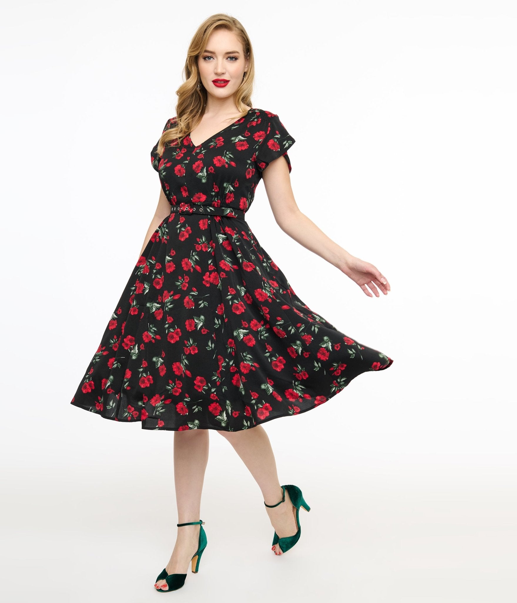 Unique Vintage 1940s Black & Red Floral Print Tulip Sleeve Swing Dress