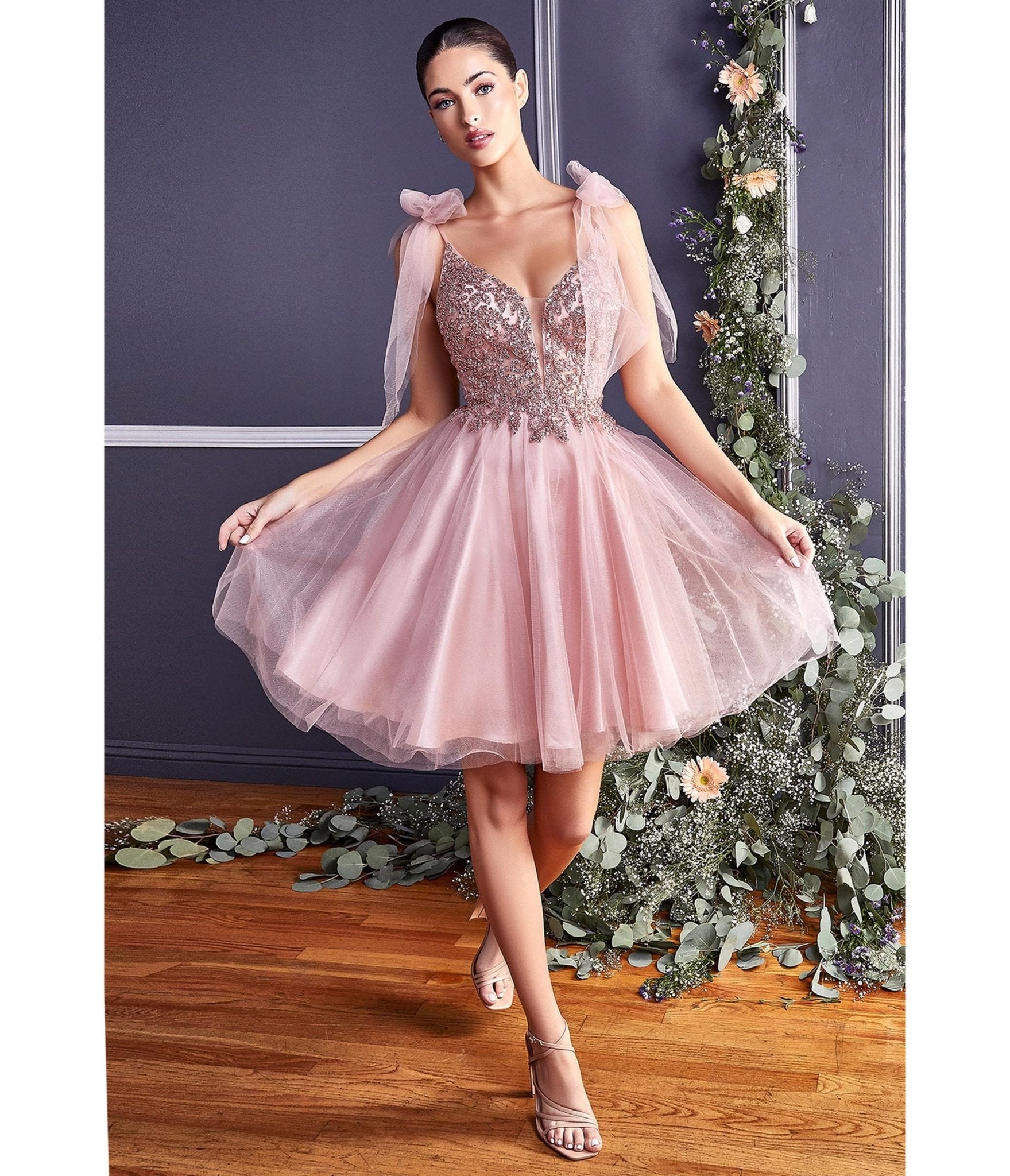 Ladivine by Cinderella Divine Rose Gold Shimmer Tulle Flare Prom Dress