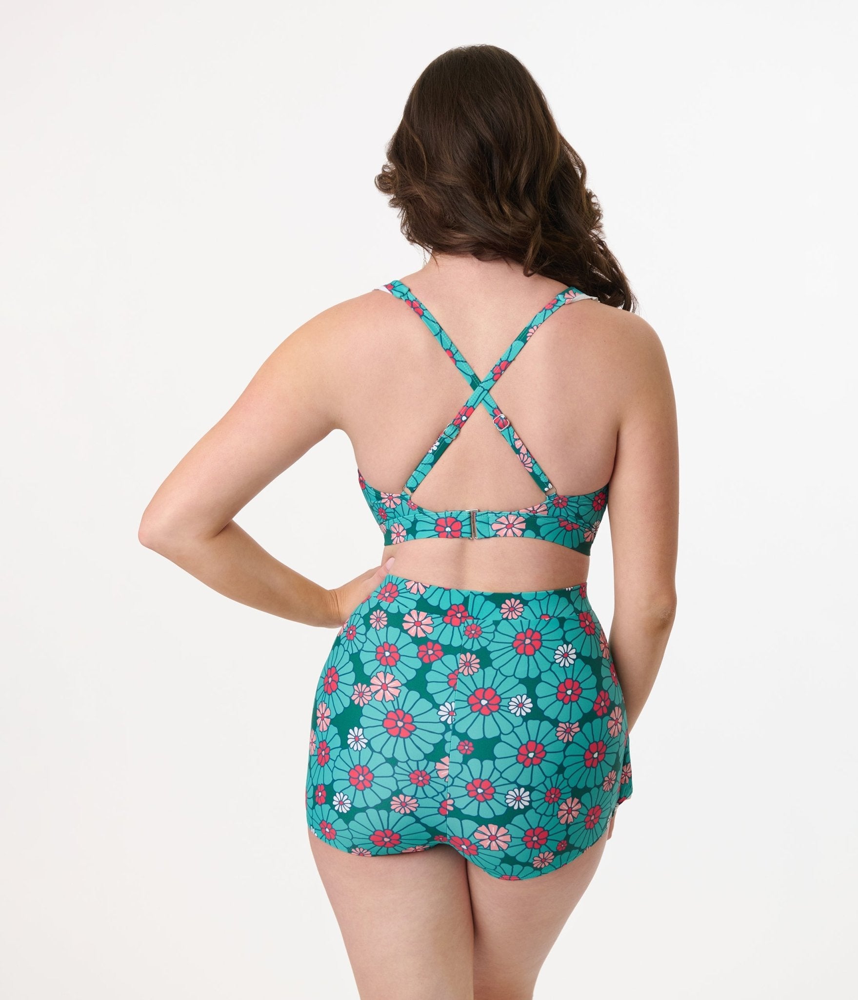 Unique Vintage Teal Flower Child Halter Swim Top