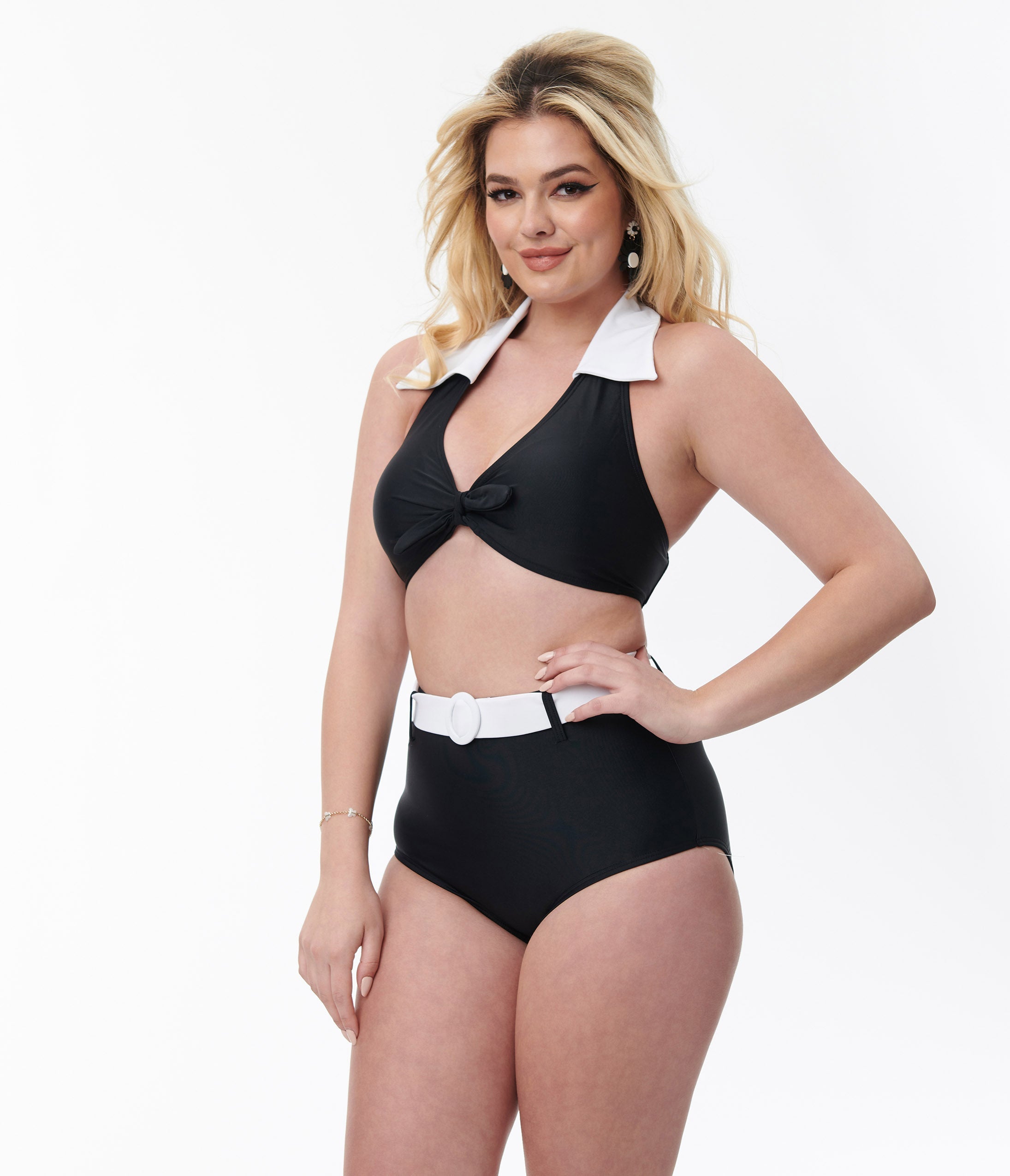 Unique Vintage Black & White Halter Swim Top