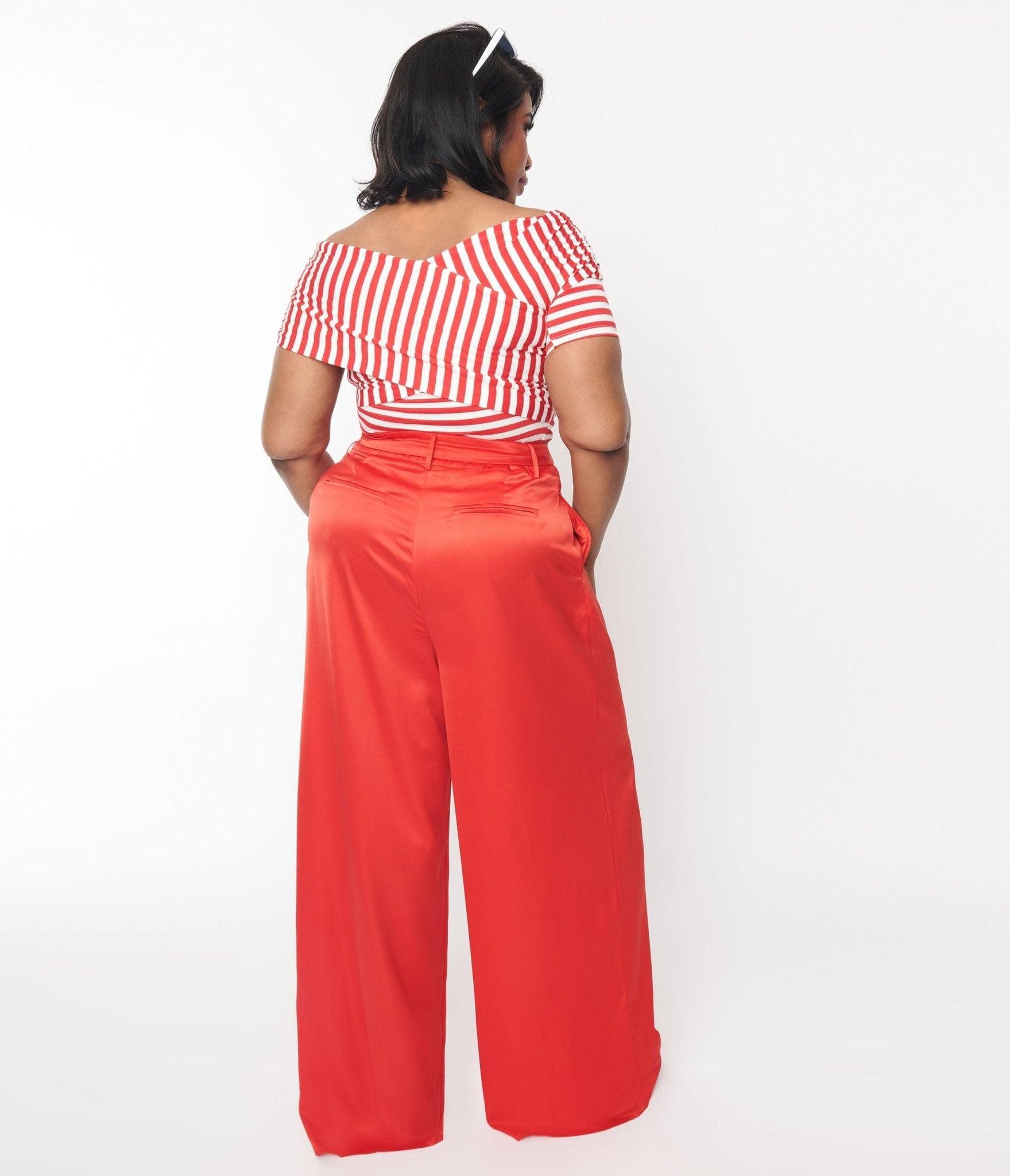 Plus Size 1970s Red Satin Belted Wide Leg Pants