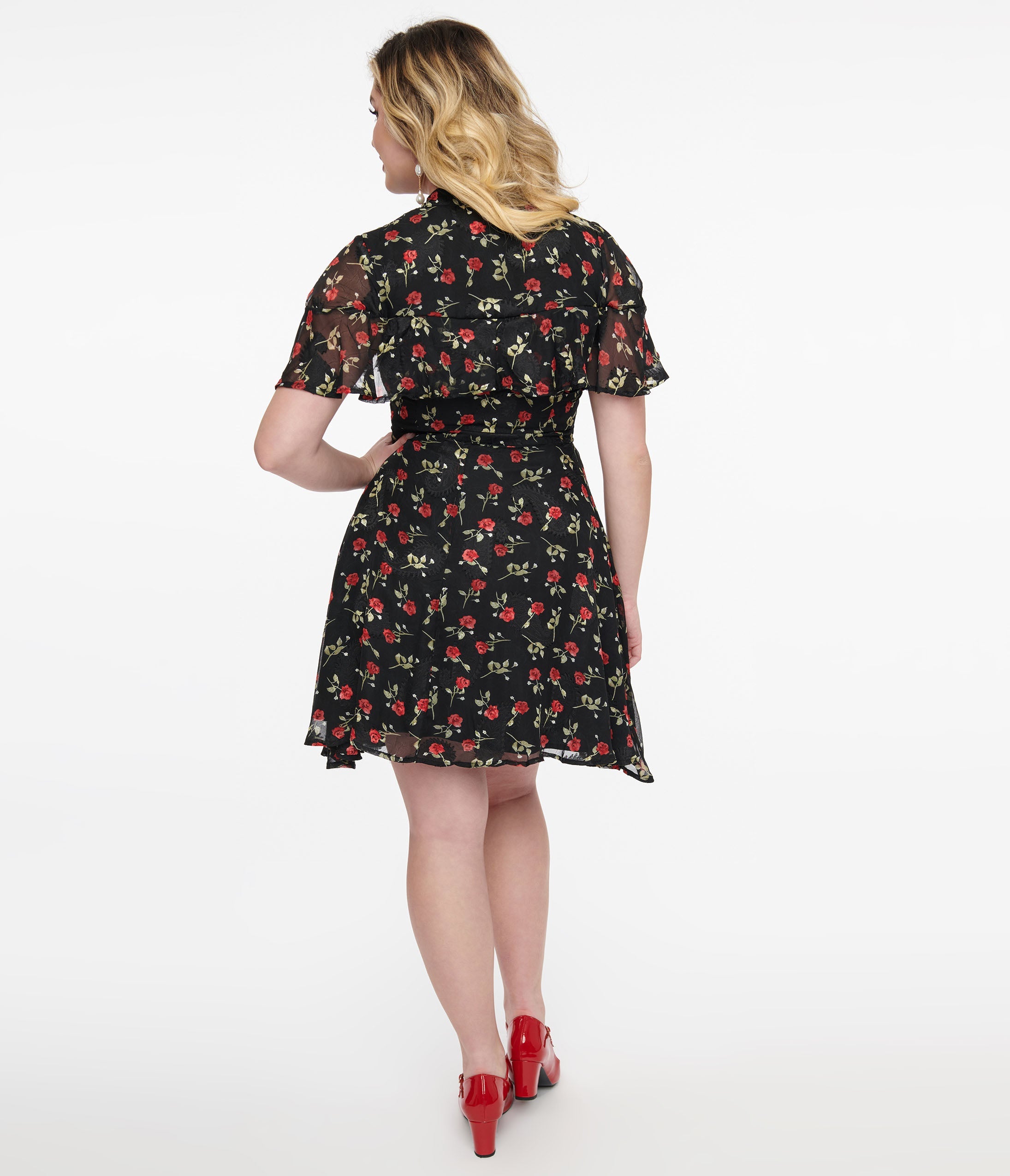 Unique Vintage 1950s Black & Red Rose Capulet Fit & Flare Dress