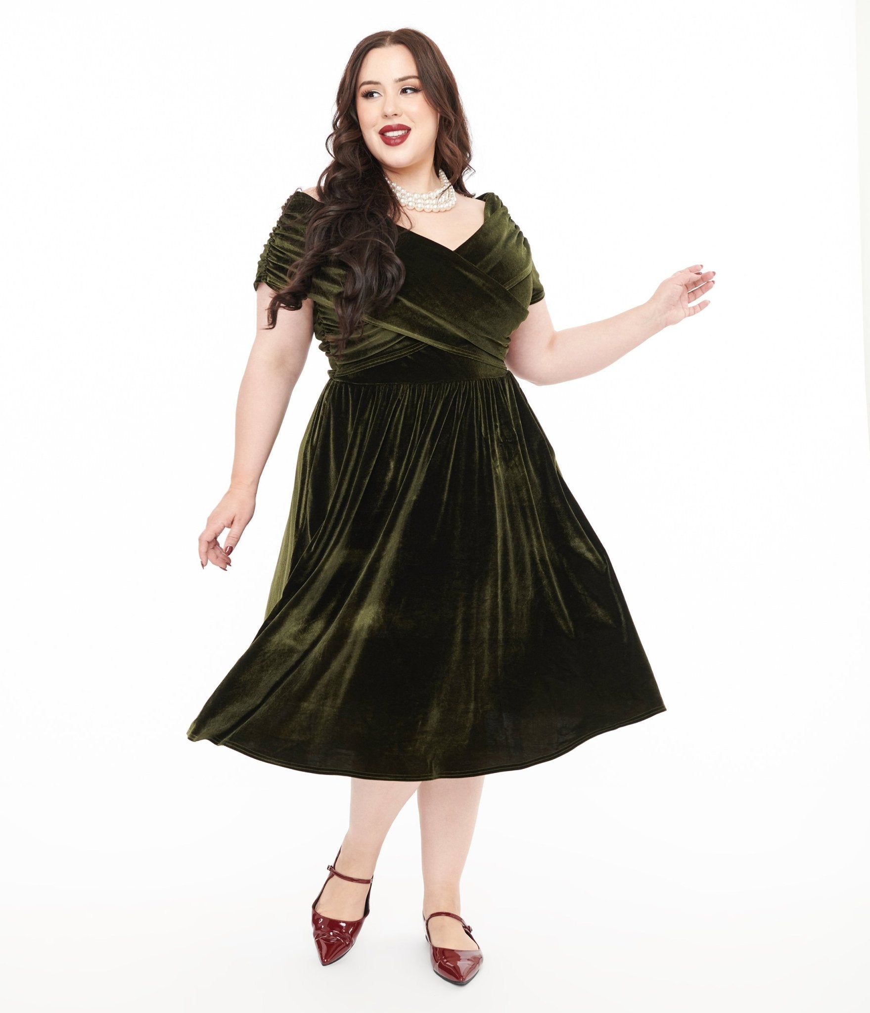 Unique Vintage Plus Size 1950s Olive Green Shirred Velvet Swing Dress