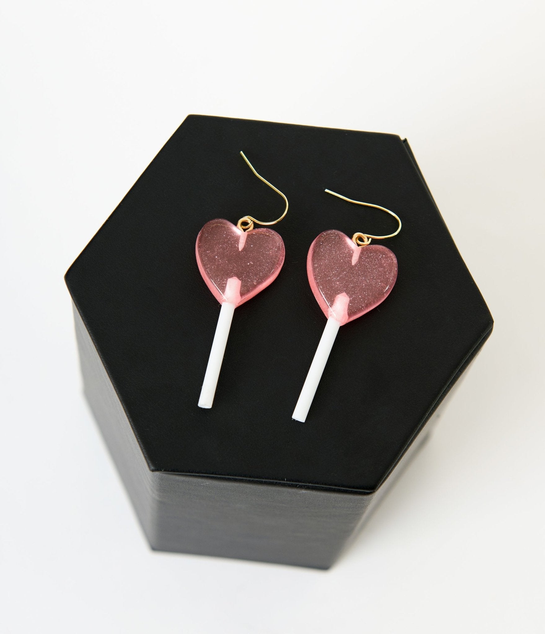 Glittery Pink Heart Lollipop Earrings