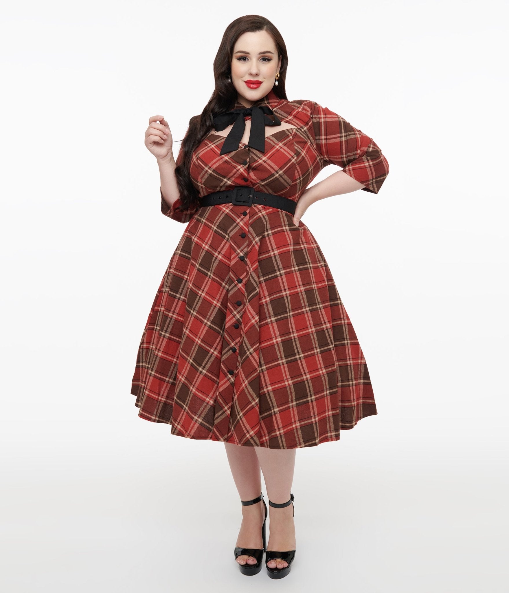 Unique Vintage Plus Size 1950s Red & Brown Bias Plaid Swing Dress