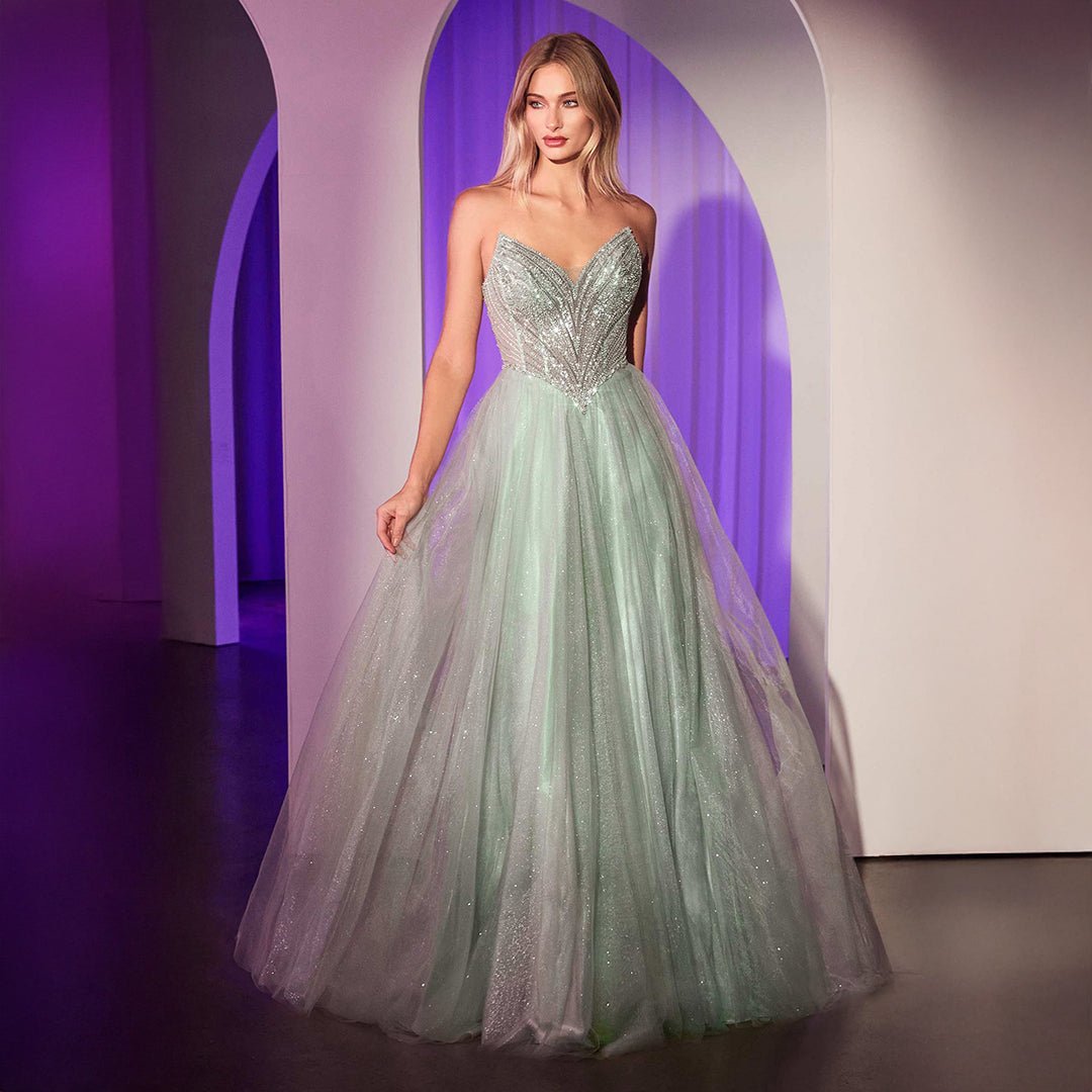 Ladivine by Cinderella Divine Sage Beaded Strapless Tulle Prom Dress