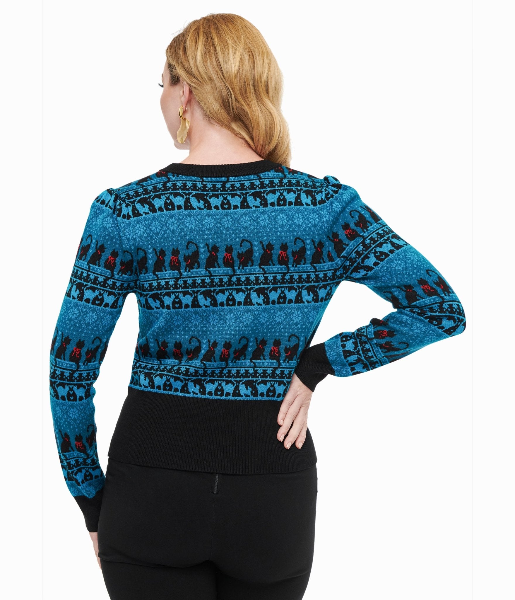 Unique Vintage 1950s Teal Snowflakes & Cats Sweater