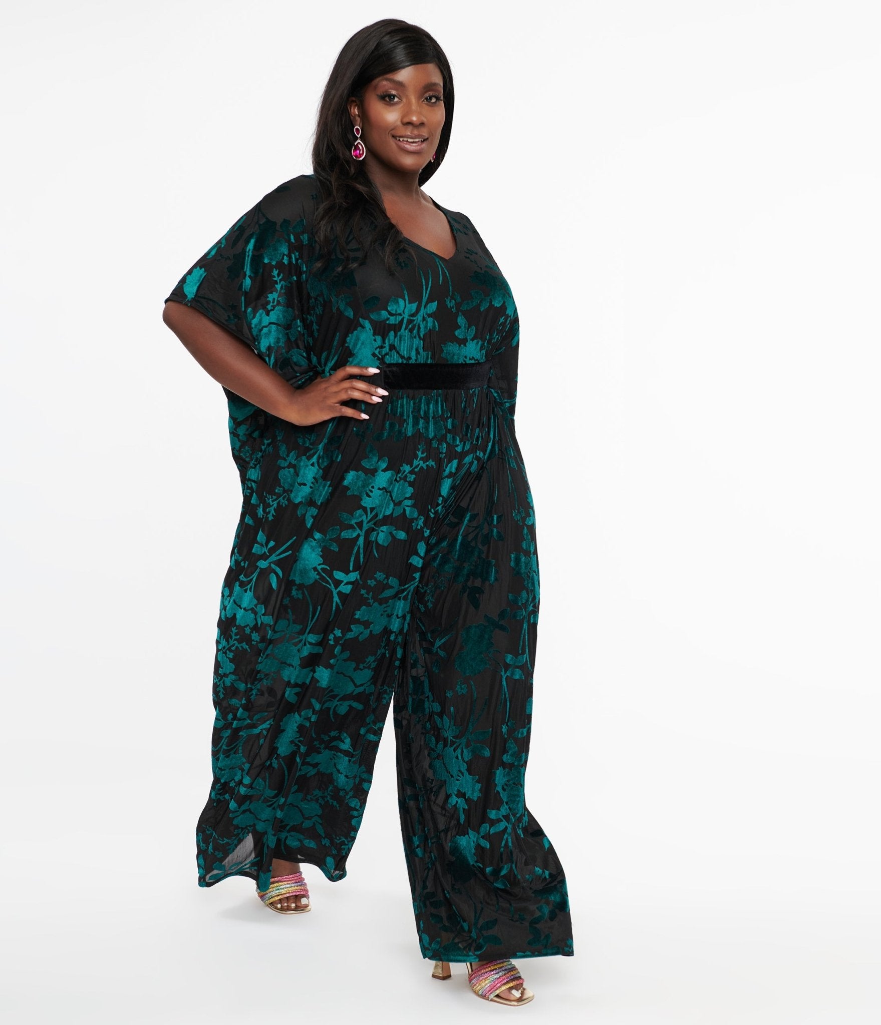 Unique Vintage Plus Size 1970s Black & Teal Velvet Floral Burnout Caftan Jumpsuit