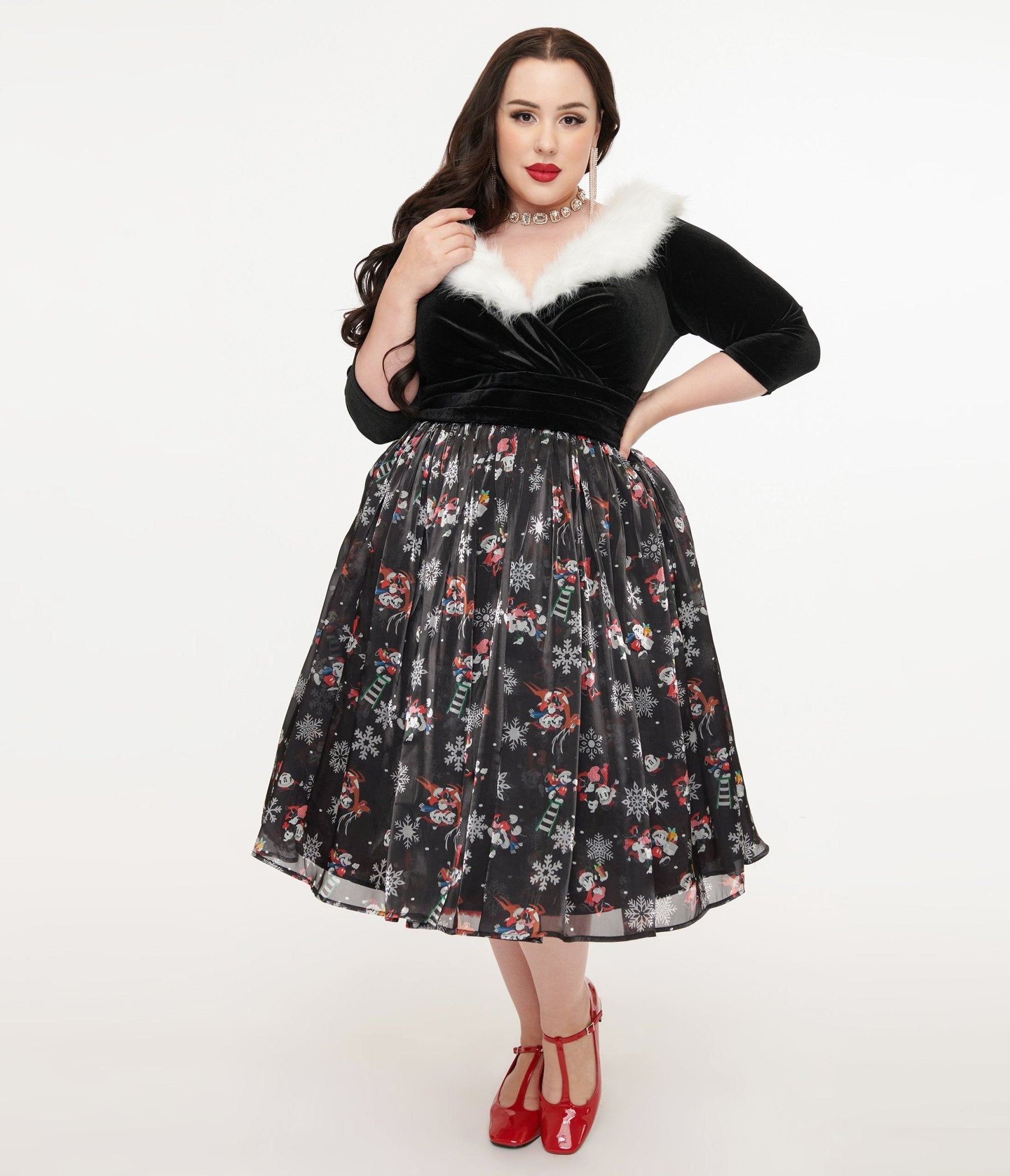 Disney Holiday Collection by Unique Vintage Plus Size Minnie & Mickey Fur Collared Marceline Swing Dress