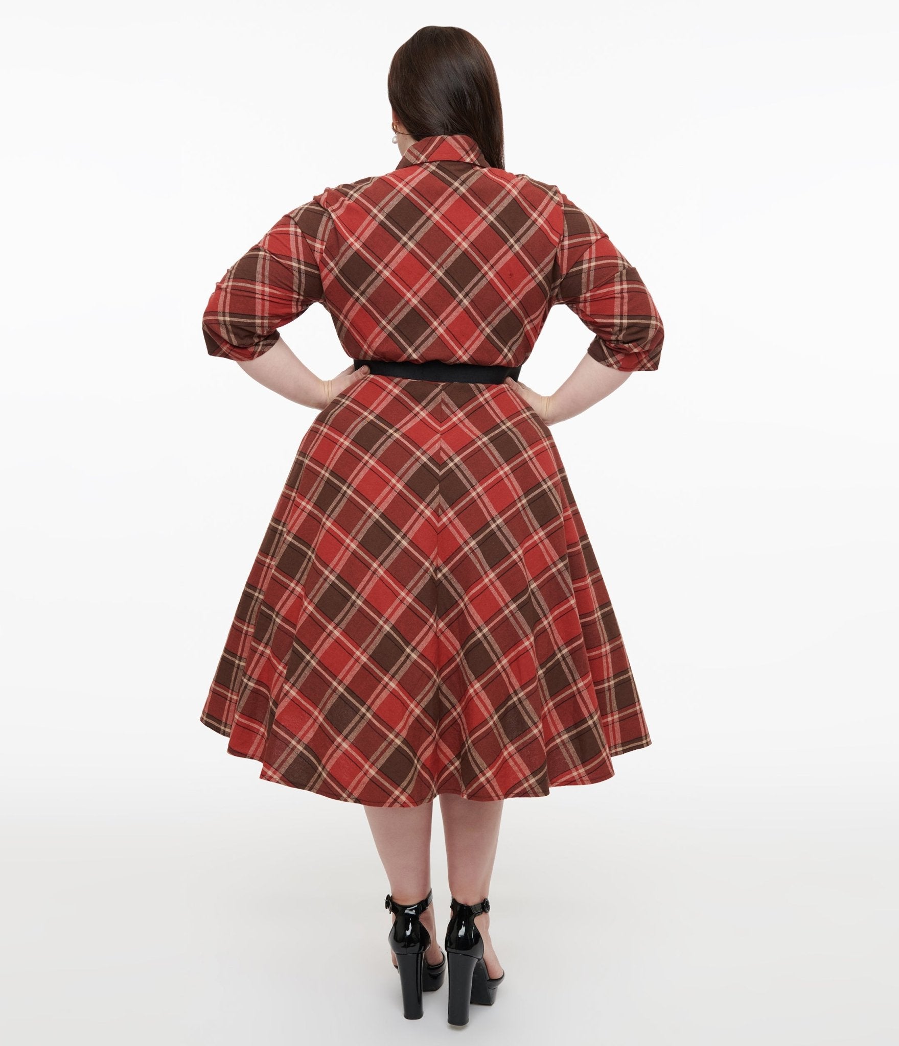 Unique Vintage Plus Size 1950s Red & Brown Bias Plaid Swing Dress