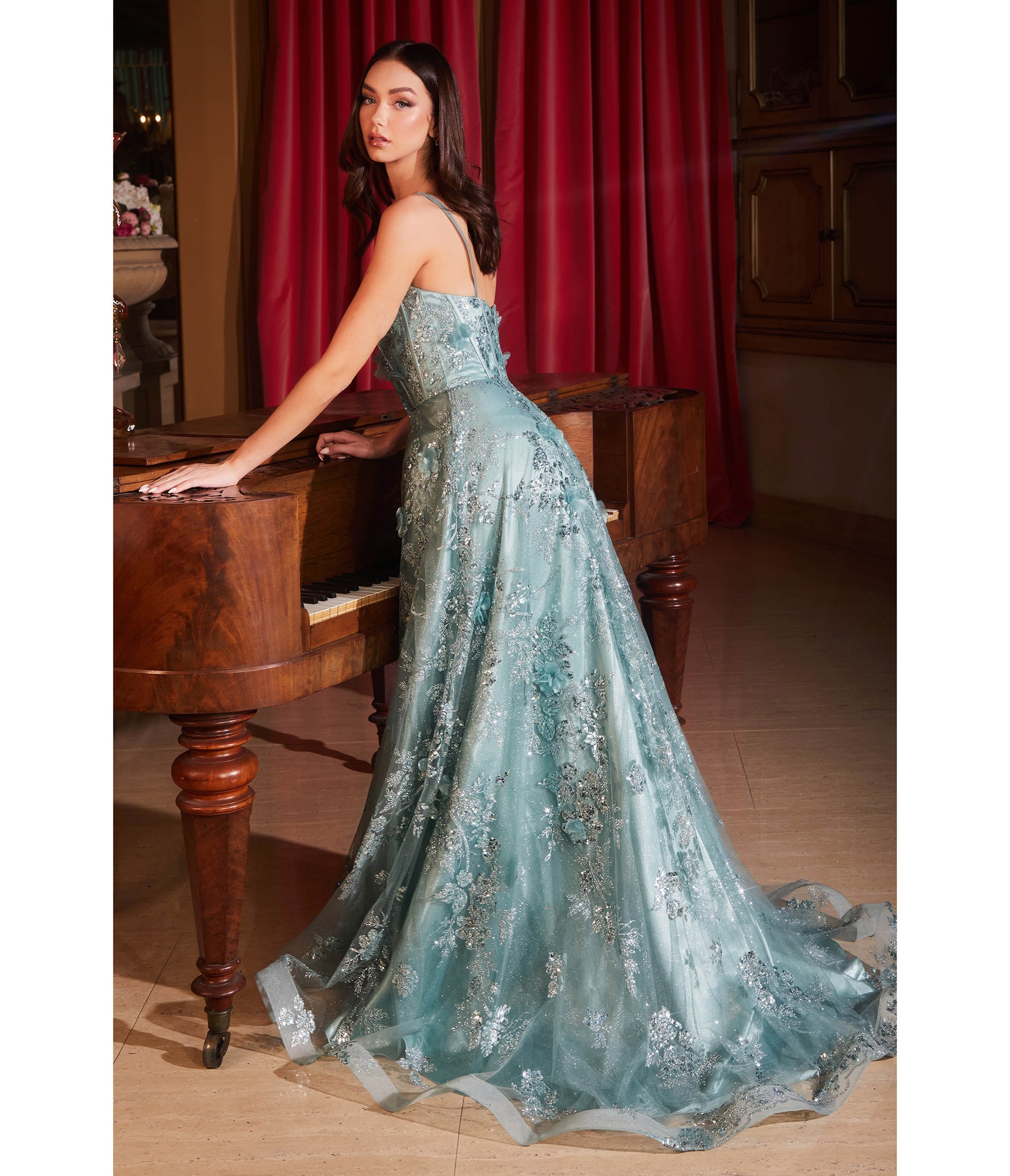 Ladivine by Cinderella Divine Sage Flower Sparkle Prom Gown