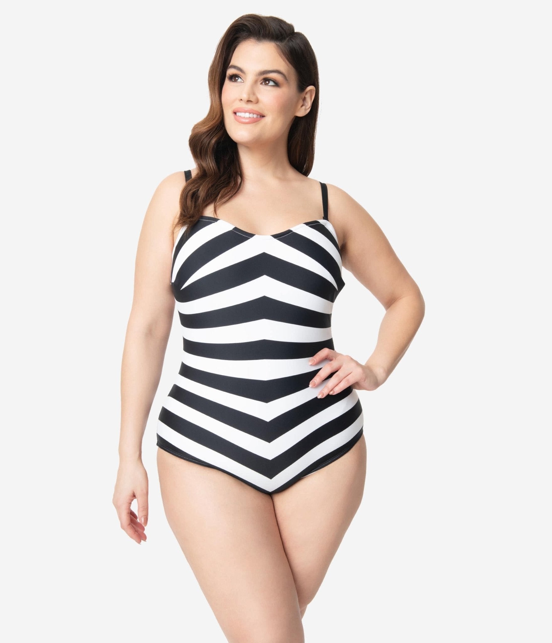 Barbie x Unique Vintage Plus Size Black & White Chevron Stripe One Piece Bathing Suit