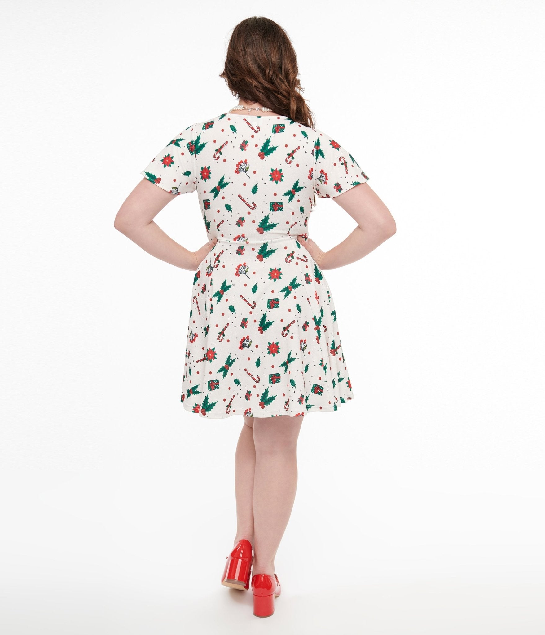 Unique Vintage 1950s Ivory Christmas Print Poppy Flare Dress