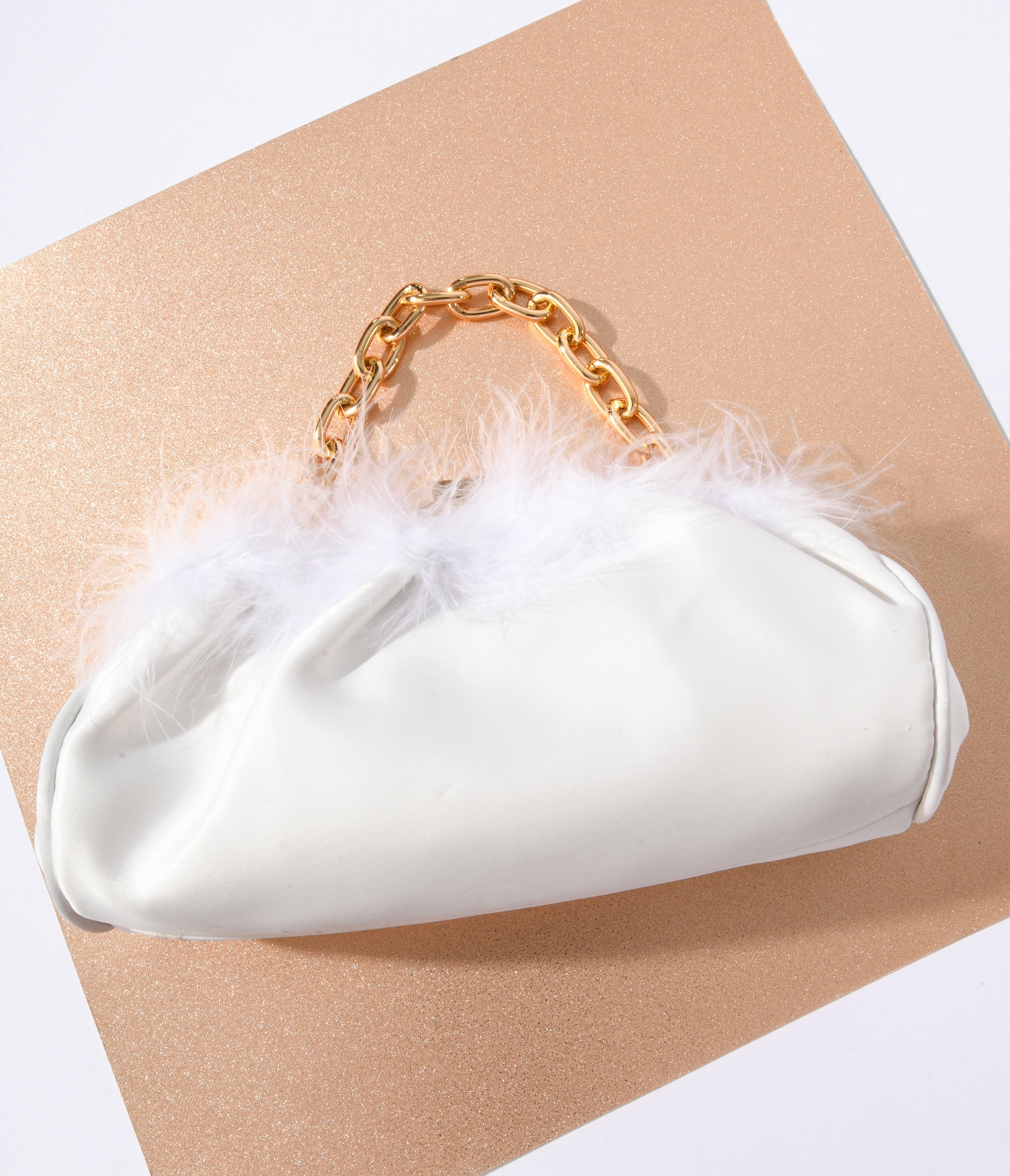 1920s White Satin & Fur Trim Clutch Handbag