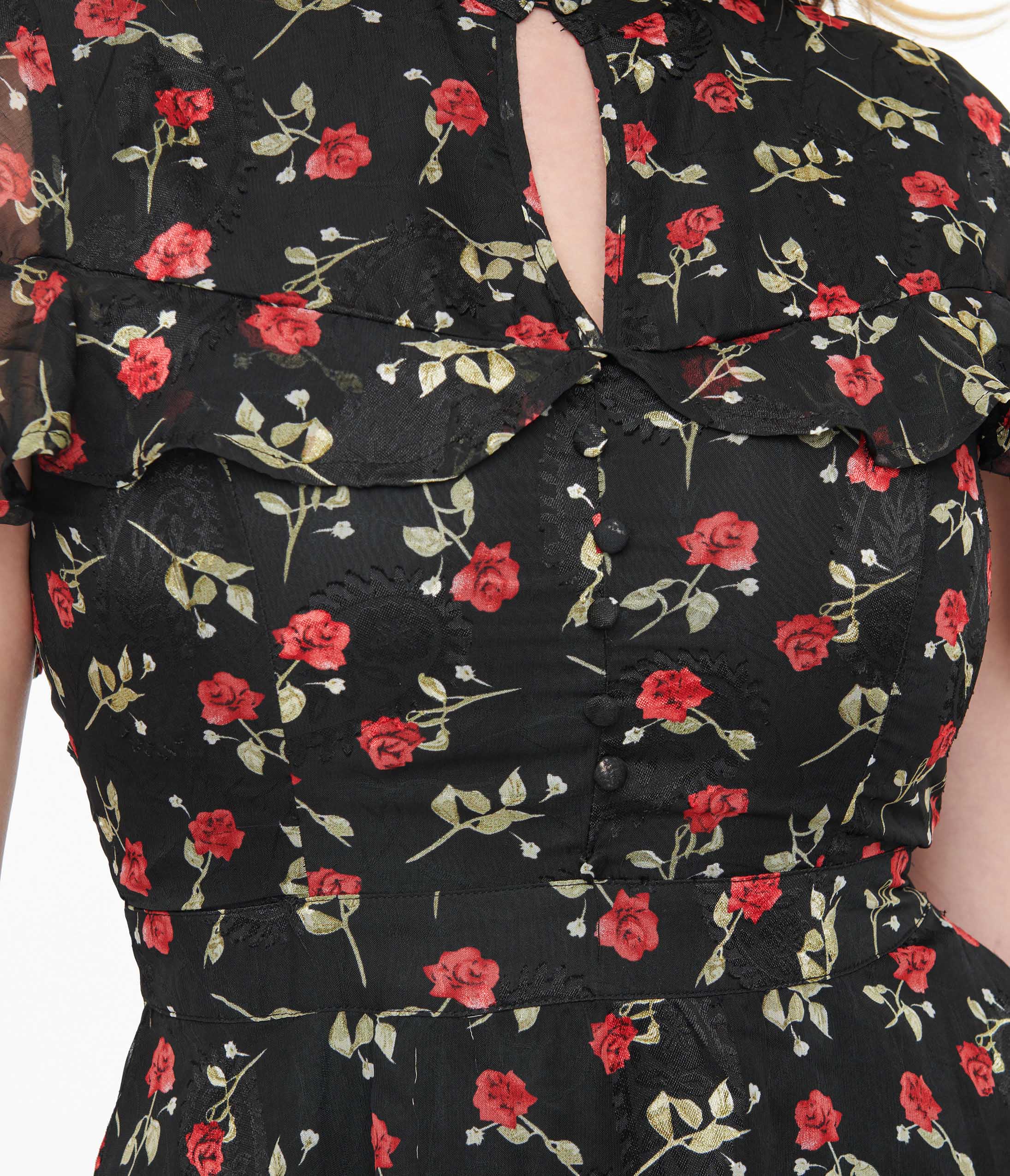 Unique Vintage 1950s Black & Red Rose Capulet Fit & Flare Dress