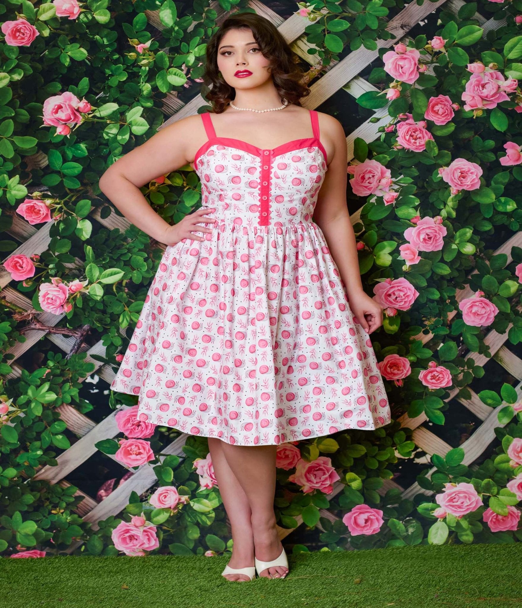 Unique Vintage Plus Size 1950s White & Pink Snail Cotton Swing Dress