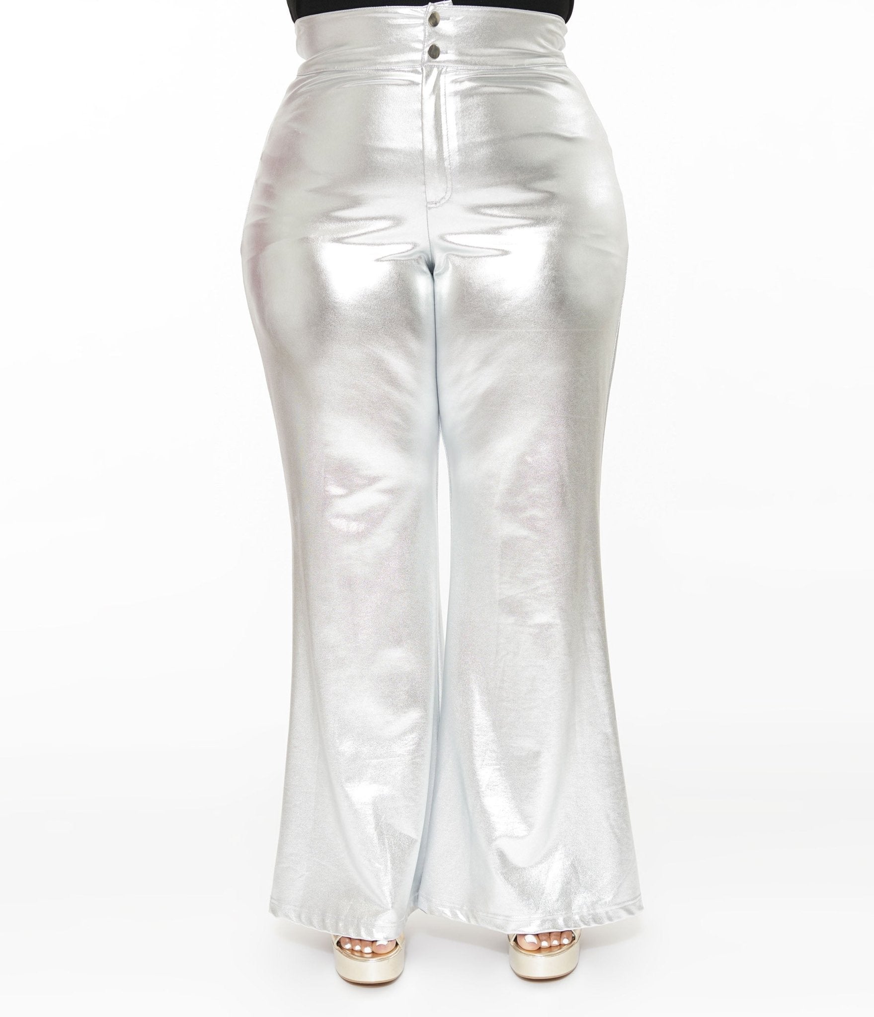 Smak Parlour Plus Size 1960s Metallic Silver High Waist Flare Pants