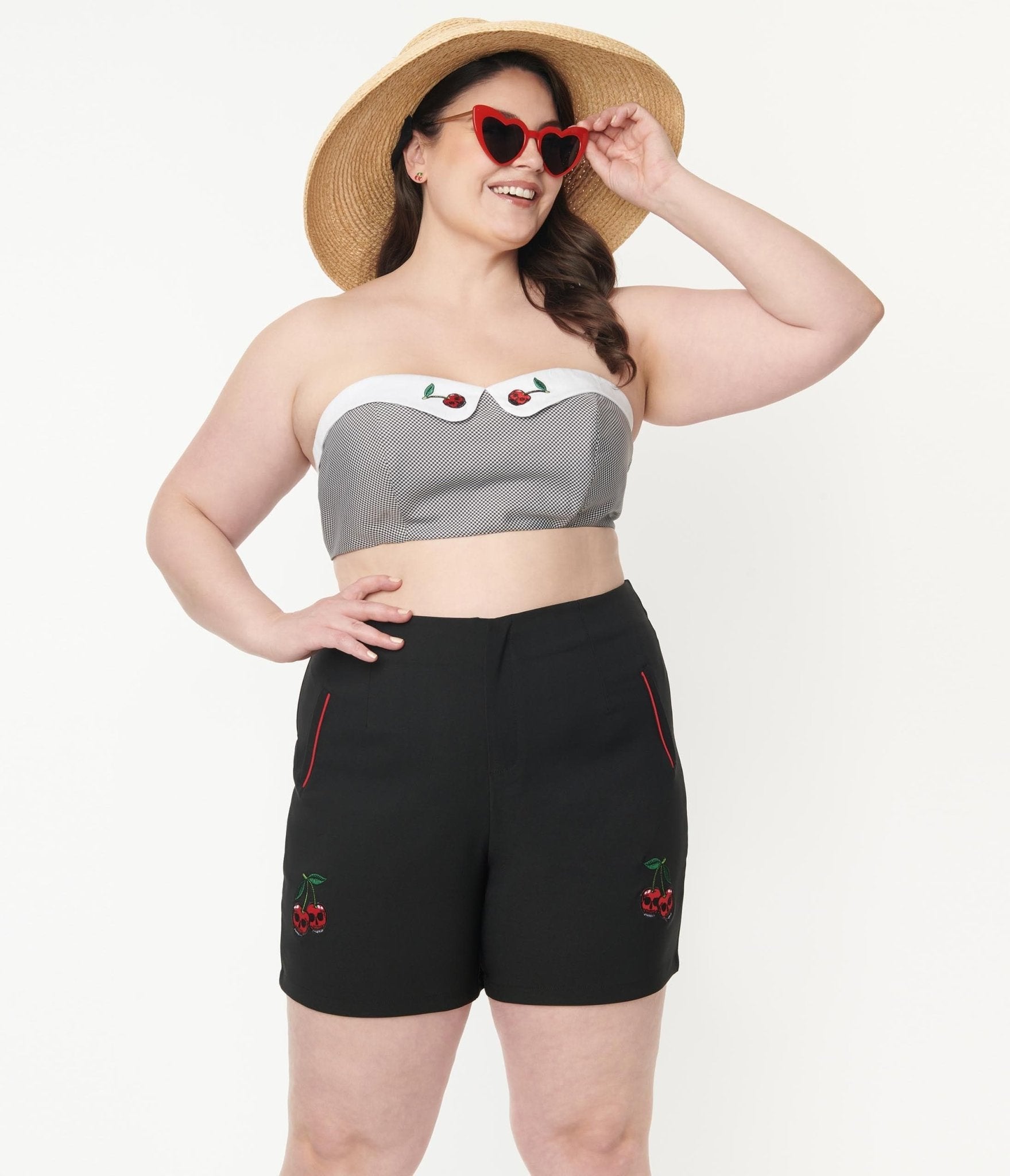 Plus Size Black Gingham & Cherry Skull Bandeau Crop Top